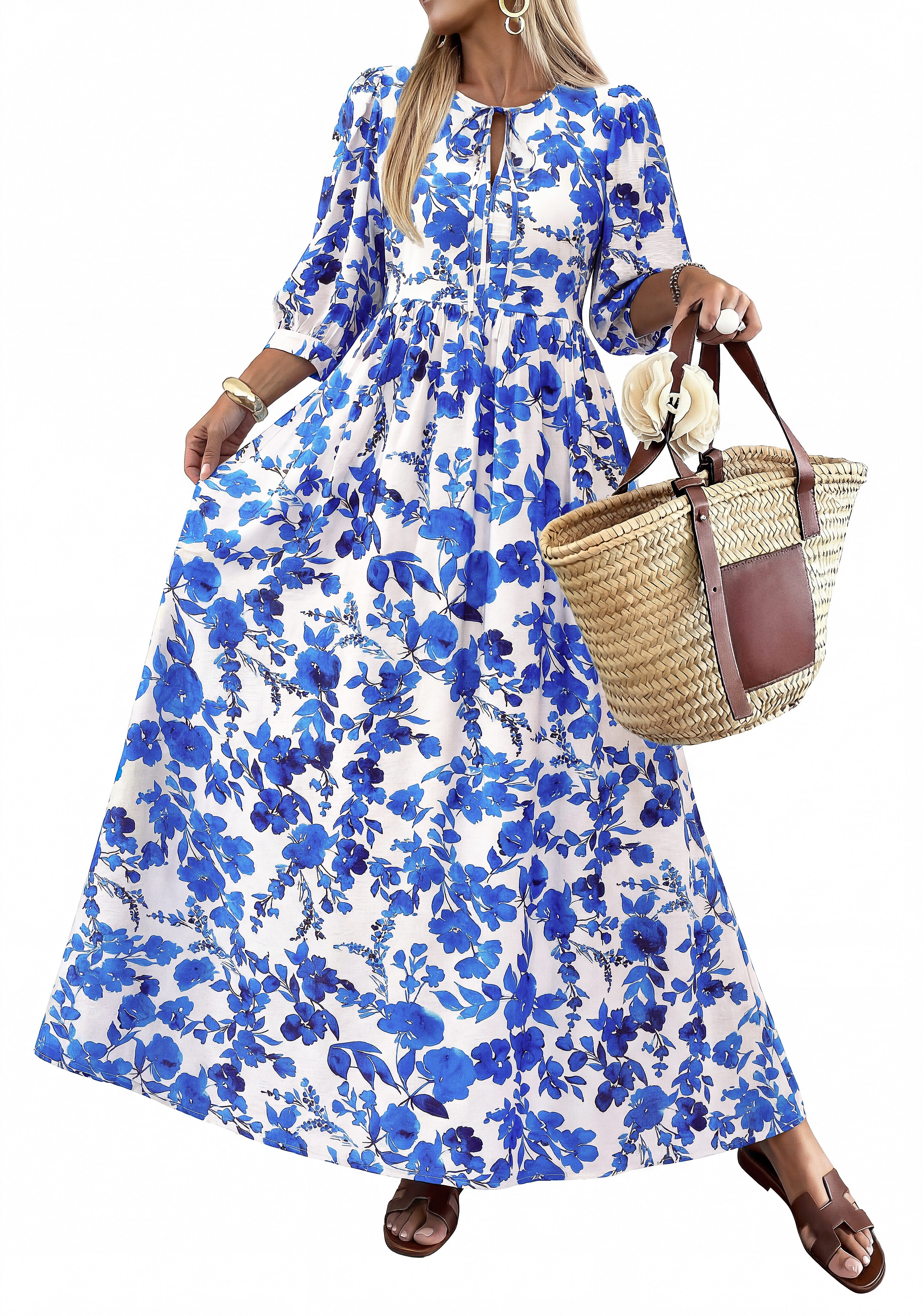 KIRUNDO Women Summer Beach Vacation Wedding Guest Dresses 2026 Spring Boho Floral 3/4 Sleeve Loose Cruise Flowy Maxi Dress