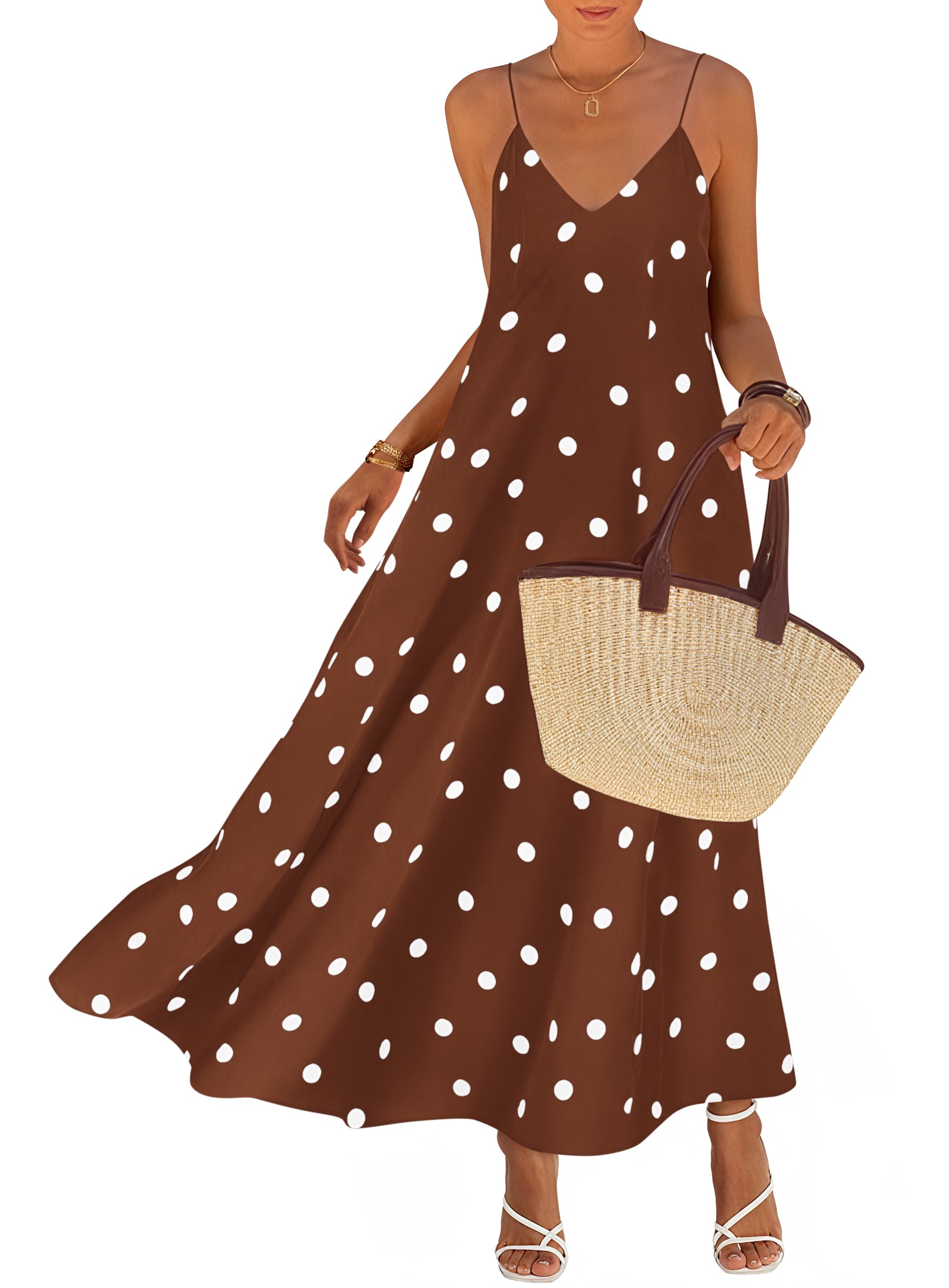 KIRUNDO Boho Maxi Dress for Women Summer Spaghetti Strap V Neck Polka Dot Flowy Long Beach Vacation Sundress with Pockets