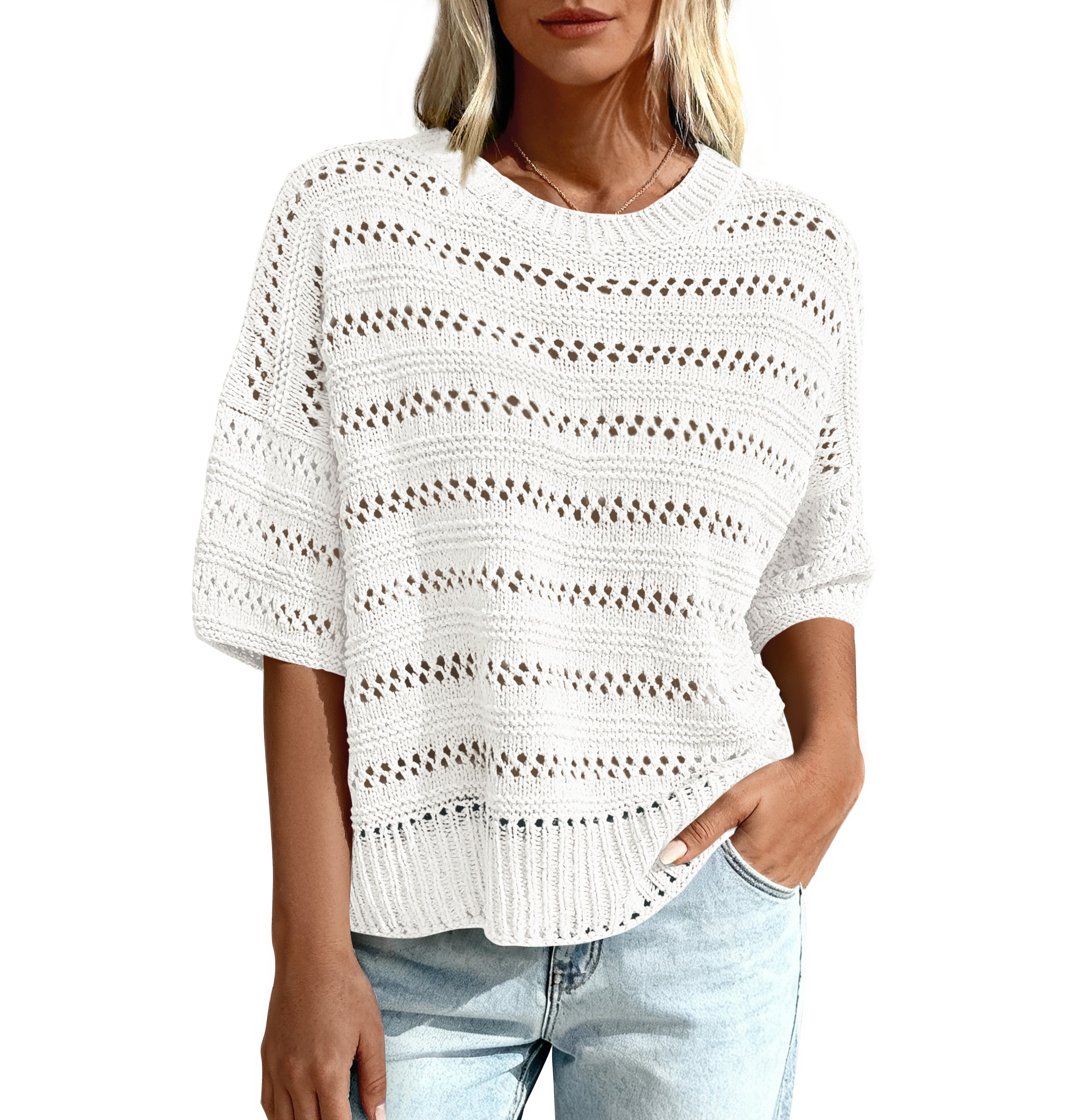 KIRUNDO Short Sleeve Sweater for Women Summer Crochet Tops Hollow Out Knit Pullover Beach Cover Up Cruise Vacation Outfits