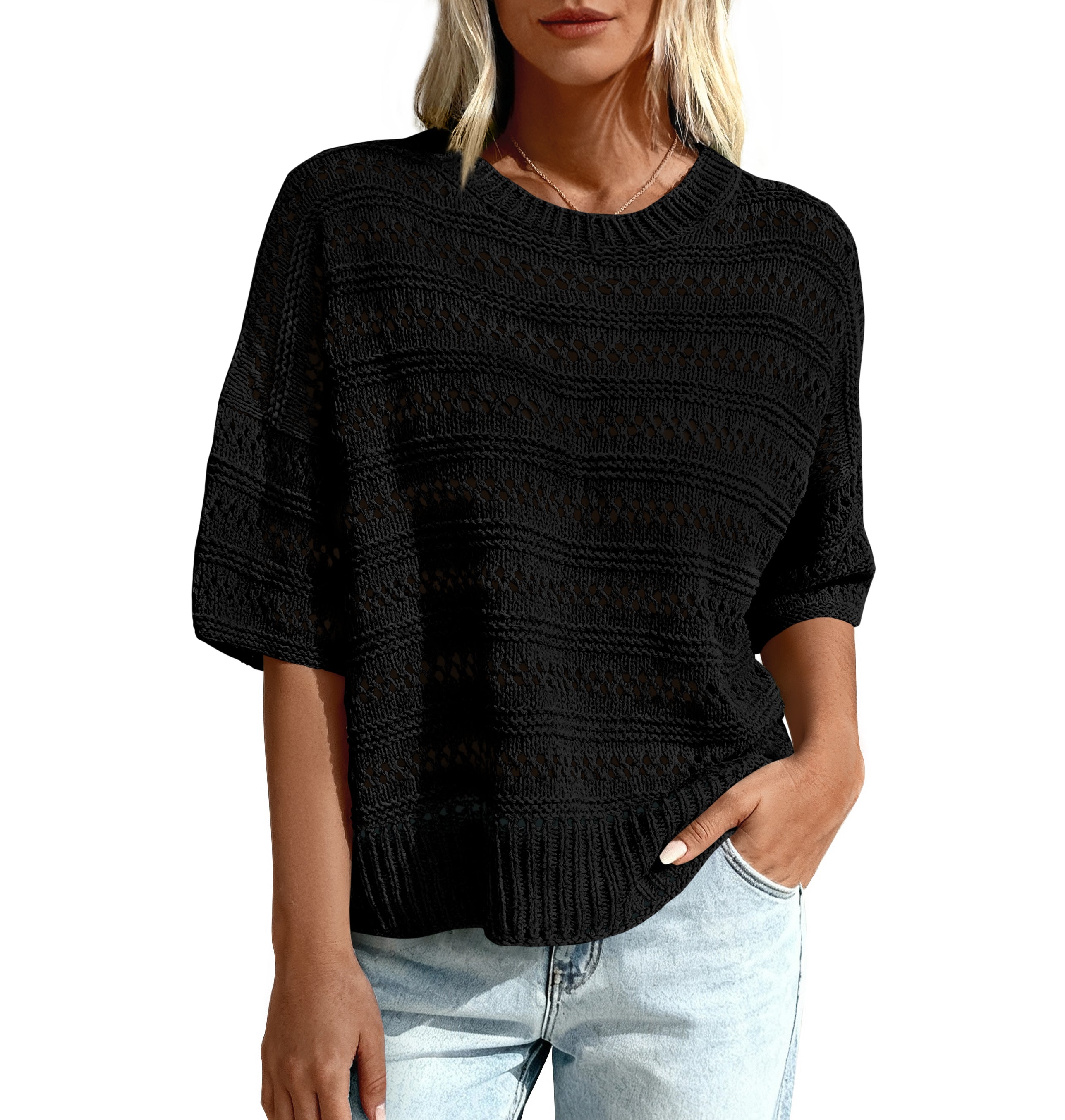 KIRUNDO Short Sleeve Sweater for Women Summer Crochet Tops Hollow Out Knit Pullover Beach Cover Up Cruise Vacation Outfits