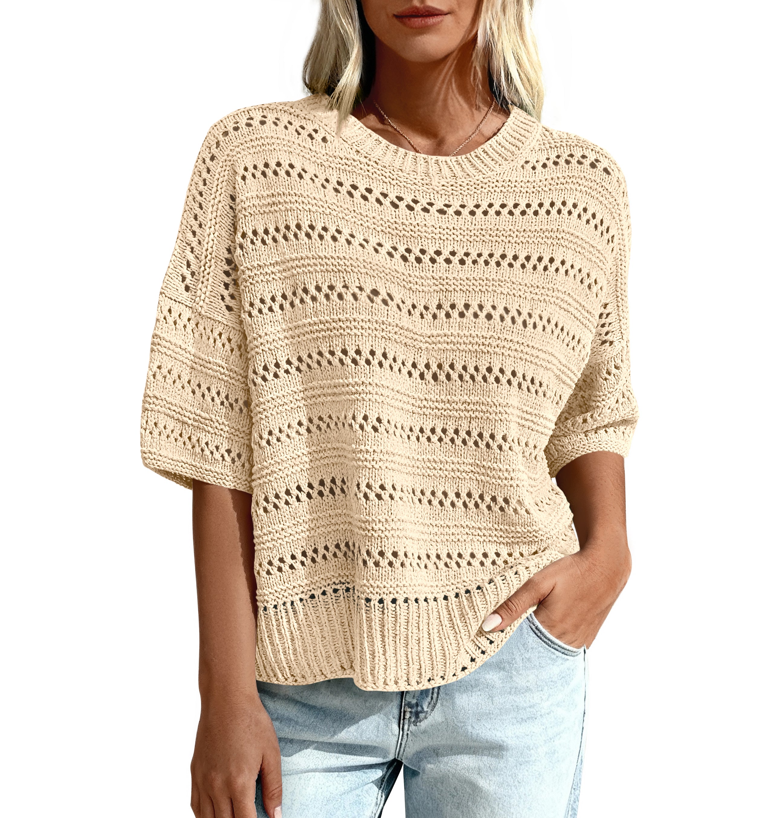 KIRUNDO Short Sleeve Sweater for Women Summer Crochet Tops Hollow Out Knit Pullover Beach Cover Up Cruise Vacation Outfits