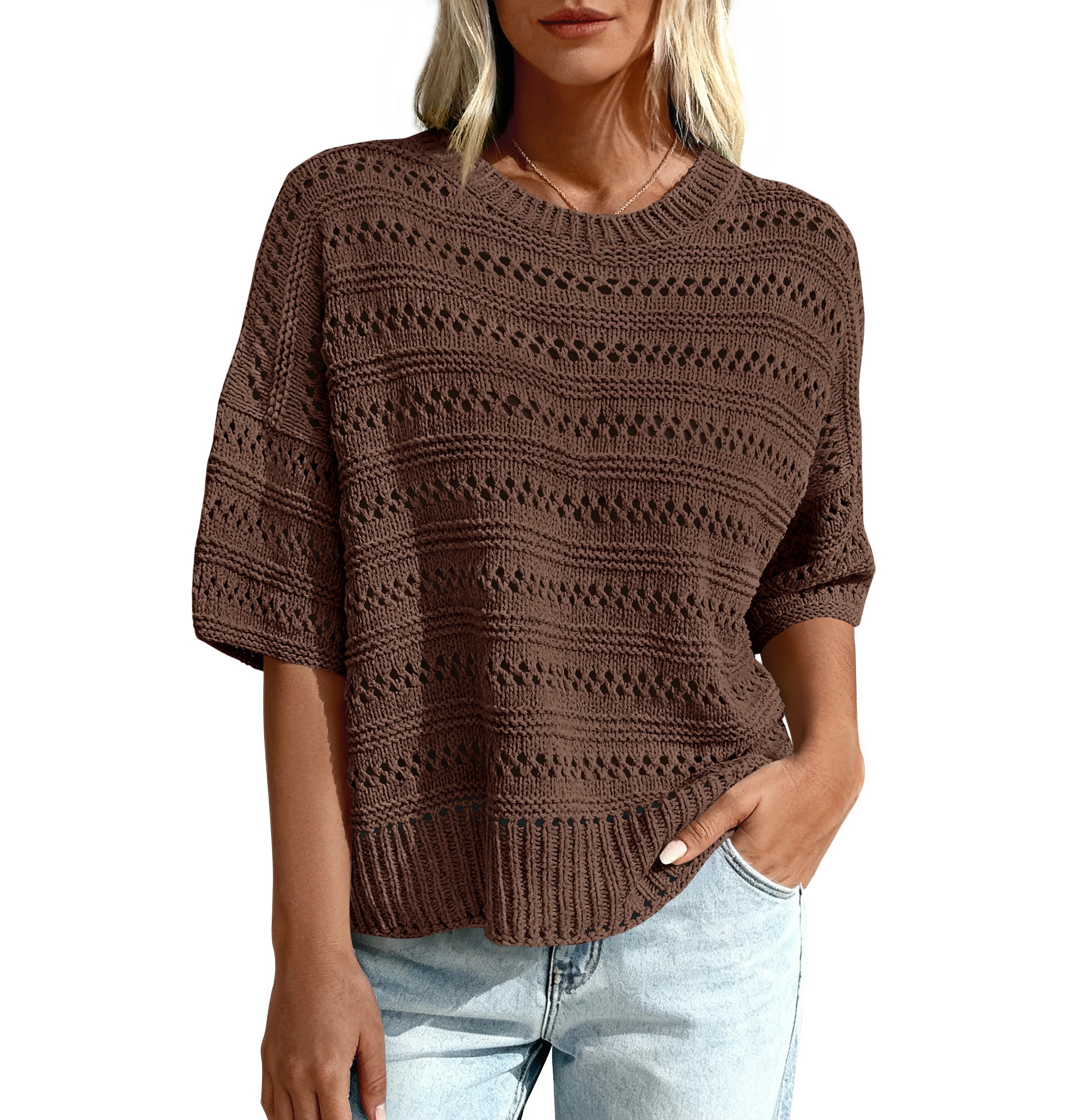 KIRUNDO Short Sleeve Sweater for Women Summer Crochet Tops Hollow Out Knit Pullover Beach Cover Up Cruise Vacation Outfits
