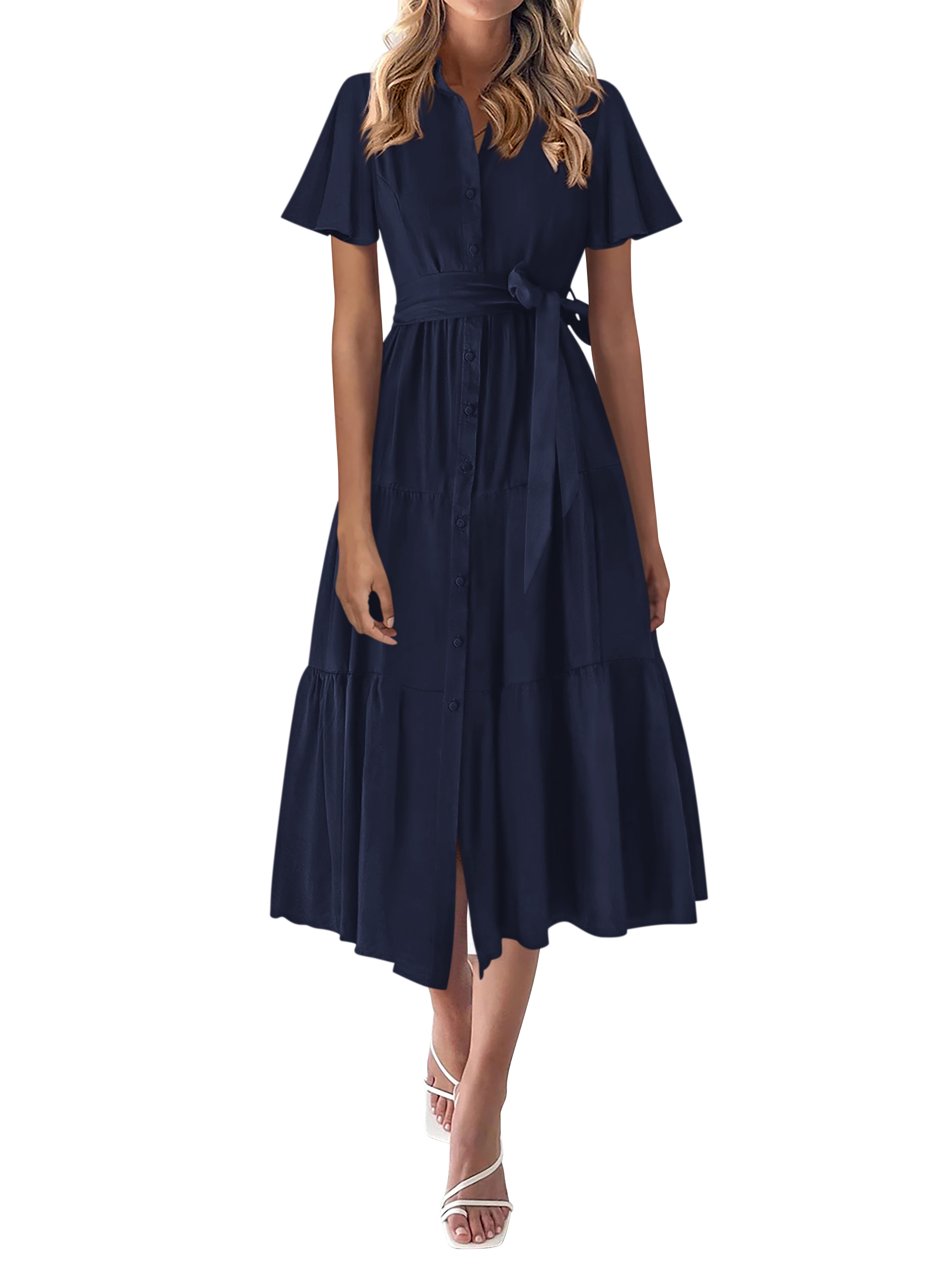 KIRUNDO Summer Button Down Wedding Guest Shirt Dresses for Women Maxi Flutter Short Sleeve Flowy Tiered Beach Sun Dress