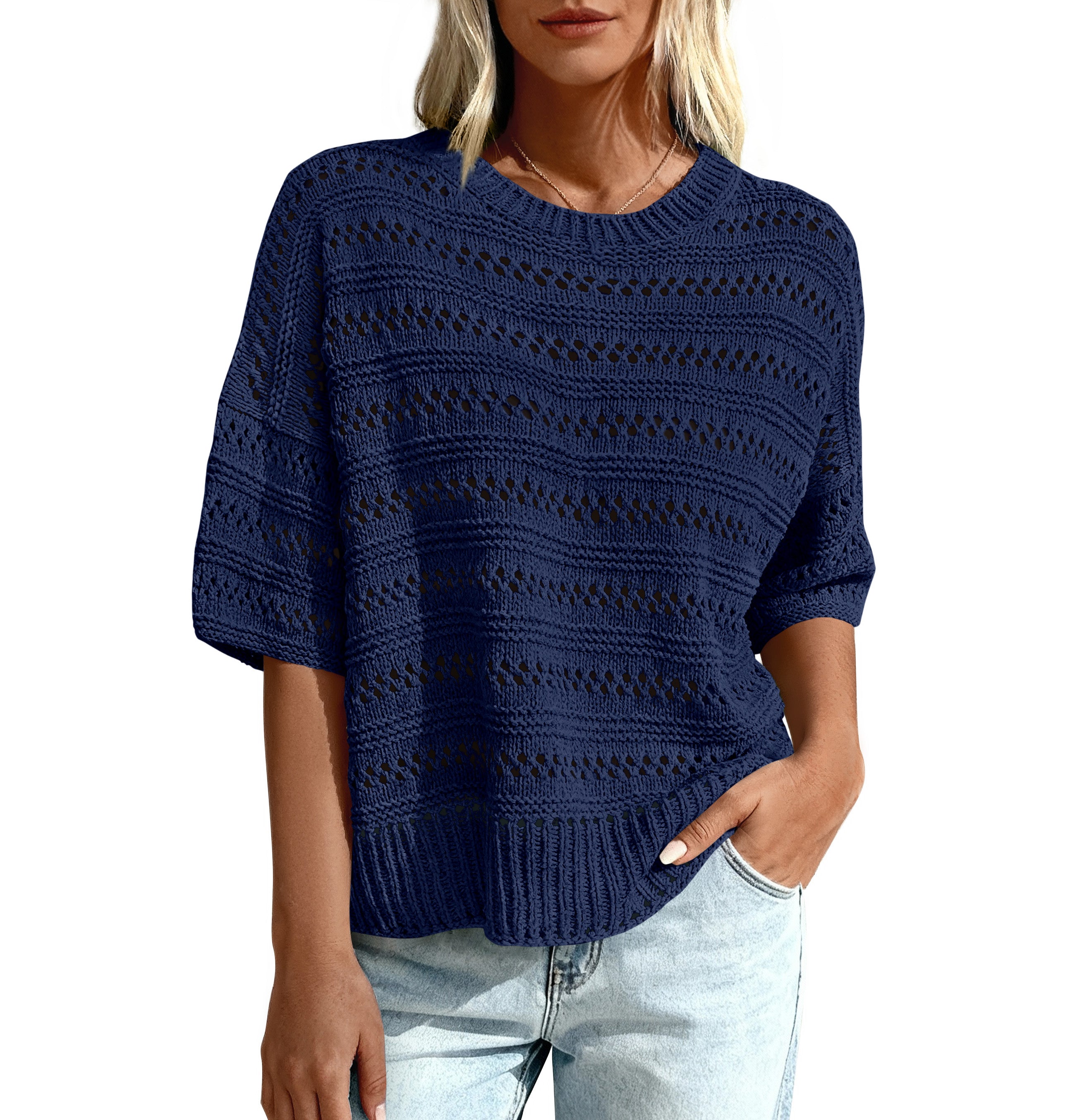 KIRUNDO Short Sleeve Sweater for Women Summer Crochet Tops Hollow Out Knit Pullover Beach Cover Up Cruise Vacation Outfits