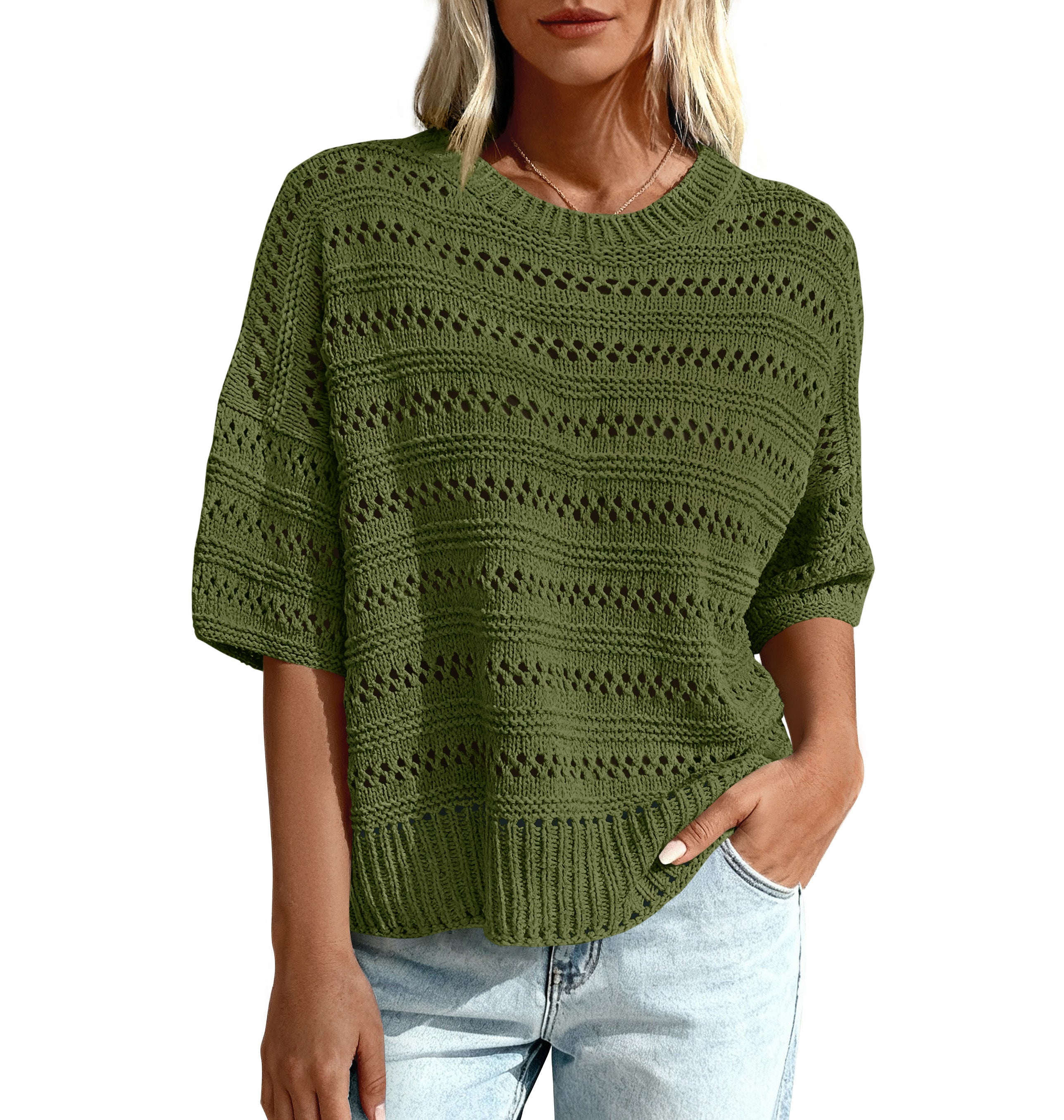 KIRUNDO Short Sleeve Sweater for Women Summer Crochet Tops Hollow Out Knit Pullover Beach Cover Up Cruise Vacation Outfits