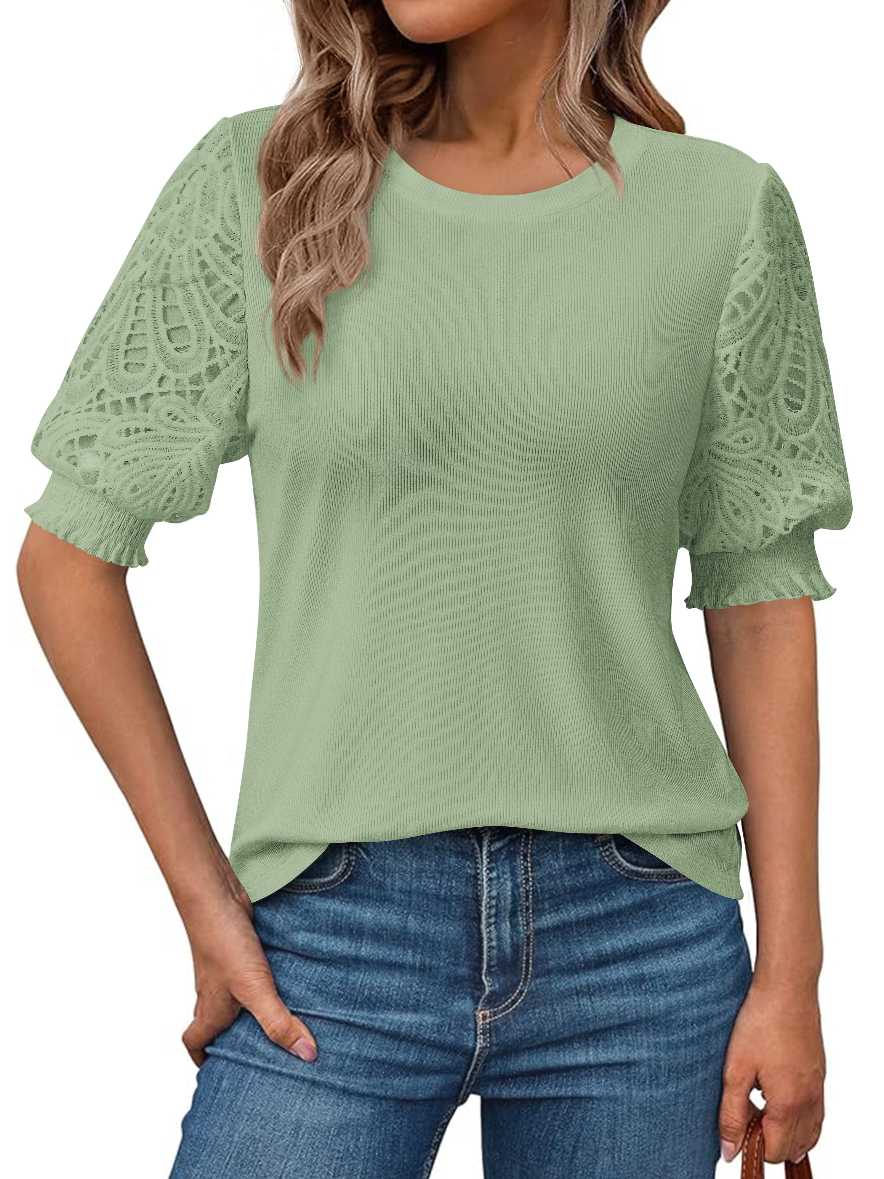 KIRUNDO Summer Women Blouses 2026 Casual Crewneck Going Out Tops Dressy Lace Hollow Out Short Sleeve T Shirts Work Office