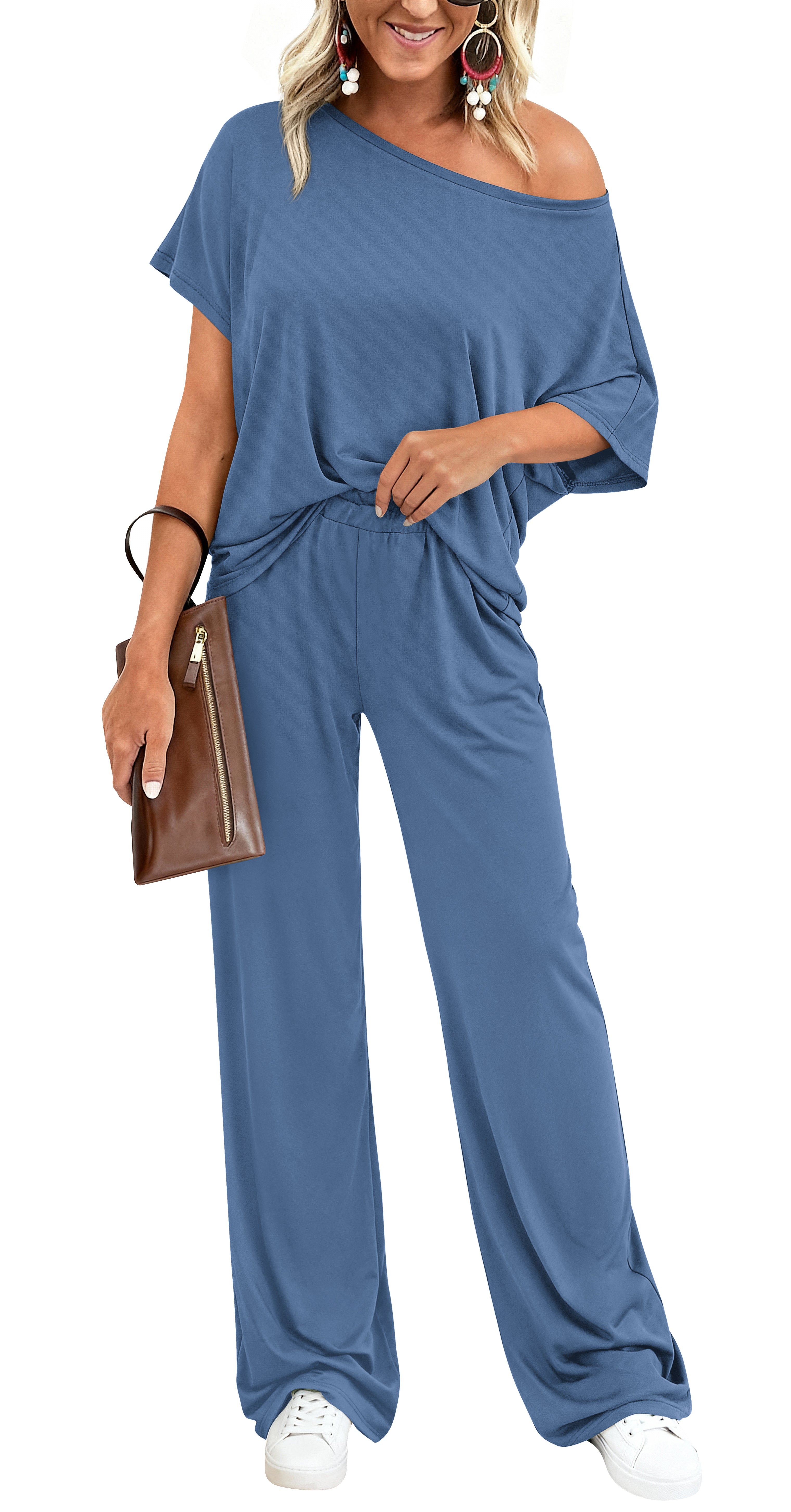 KIRUNDO 2 Piece Lounge Sets for Women Airport Travel Vacation Outfits 2026 Summer Off Shoulder Tops Matching Wide Leg Pants