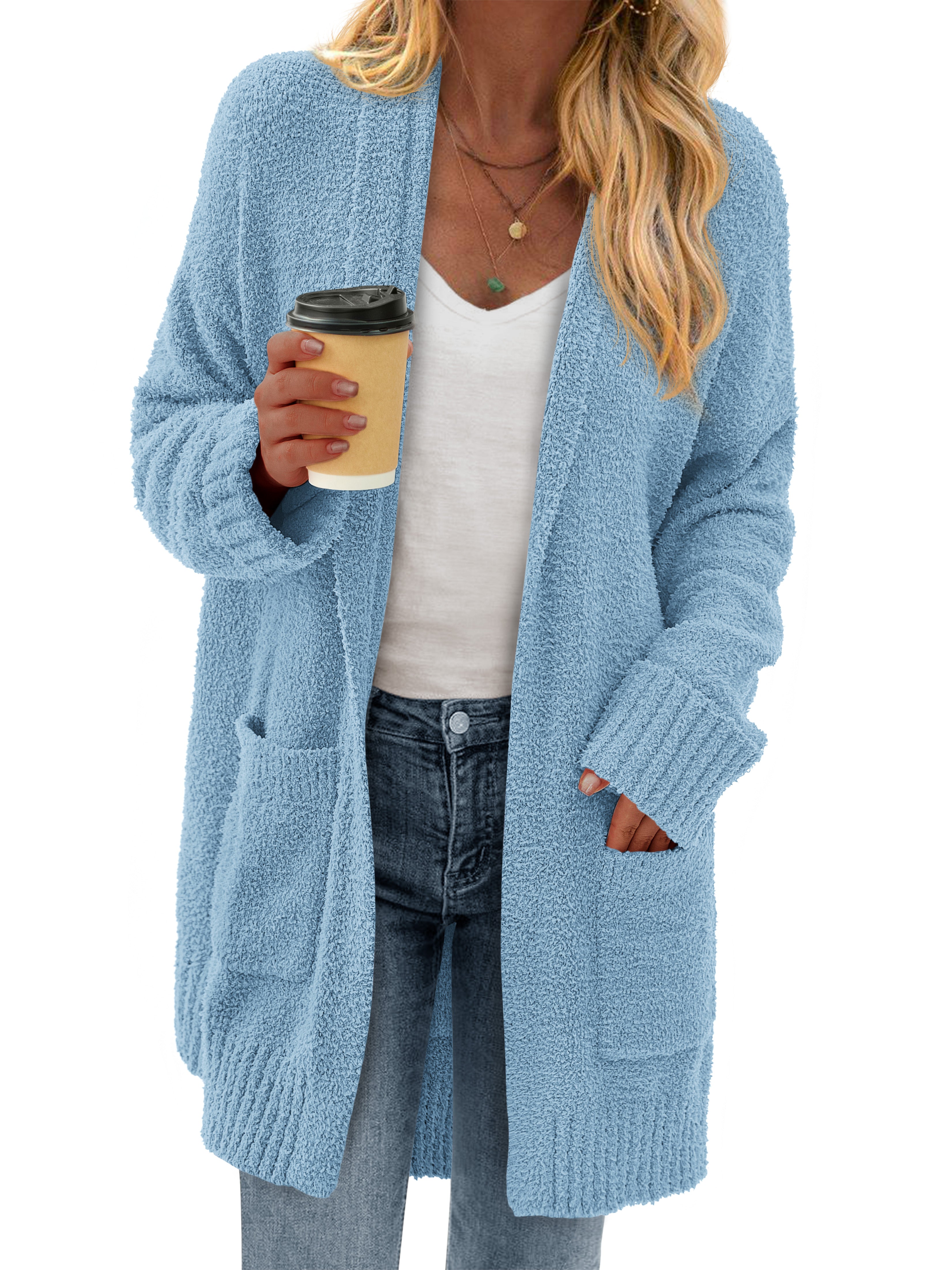 KIRUNDO Cardigan Sweaters for Women 2025 Fall Chunky Fuzzy Knit Open Front Loose Long Sleeve Sweater Coats Winter Clothing