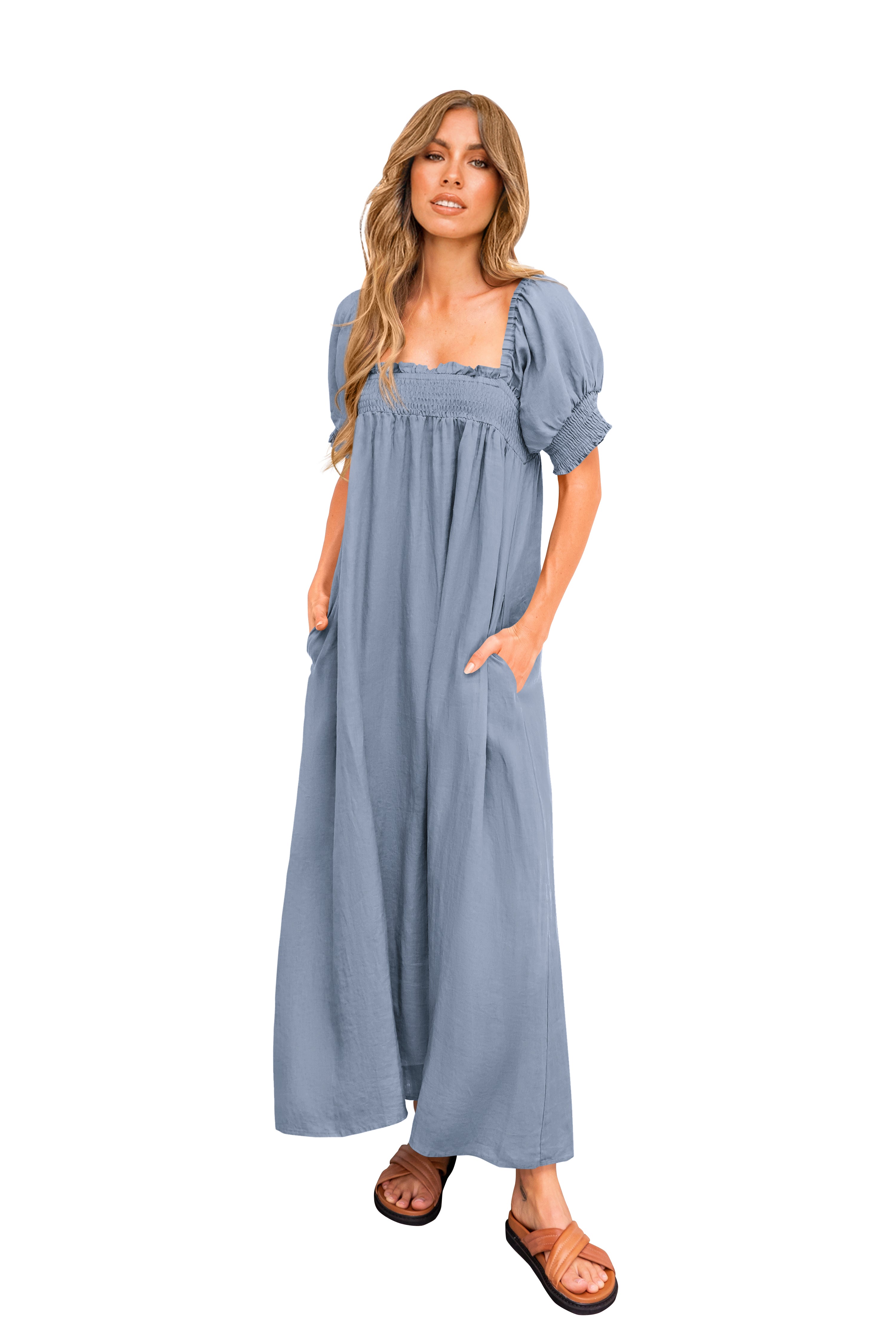 KIRUNDO Women 2026 Summer Maxi Dress Casual Loose Puff Sleeve Square Neck Maternity Flowy Long Beach Dresses with Pockets