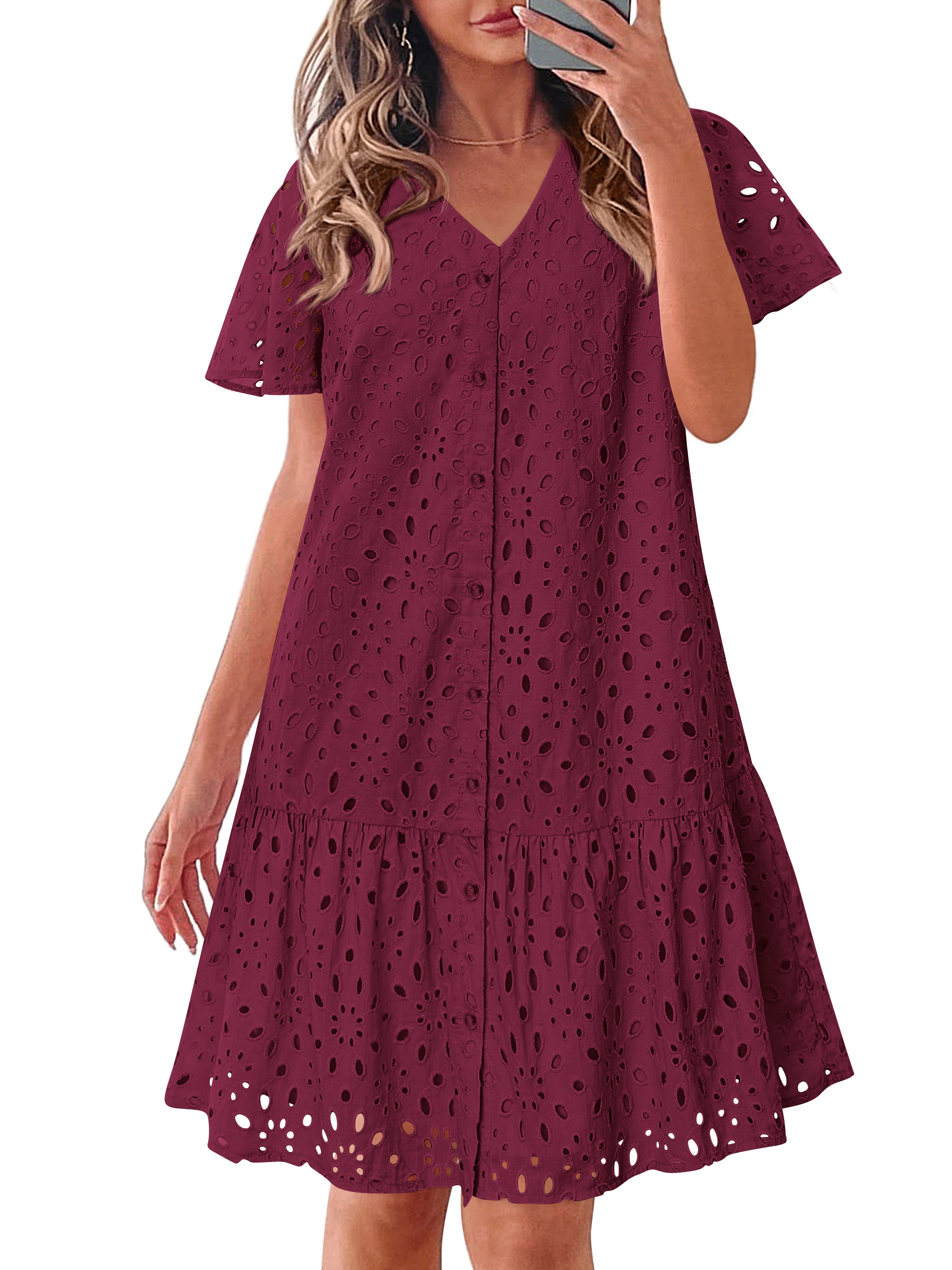 KIRUNDO Eyelet Dresses for Women 2026 Spring Summer Short Sleeve Button Down Loose Mini Babydoll Dress Beach Vacation Clothes