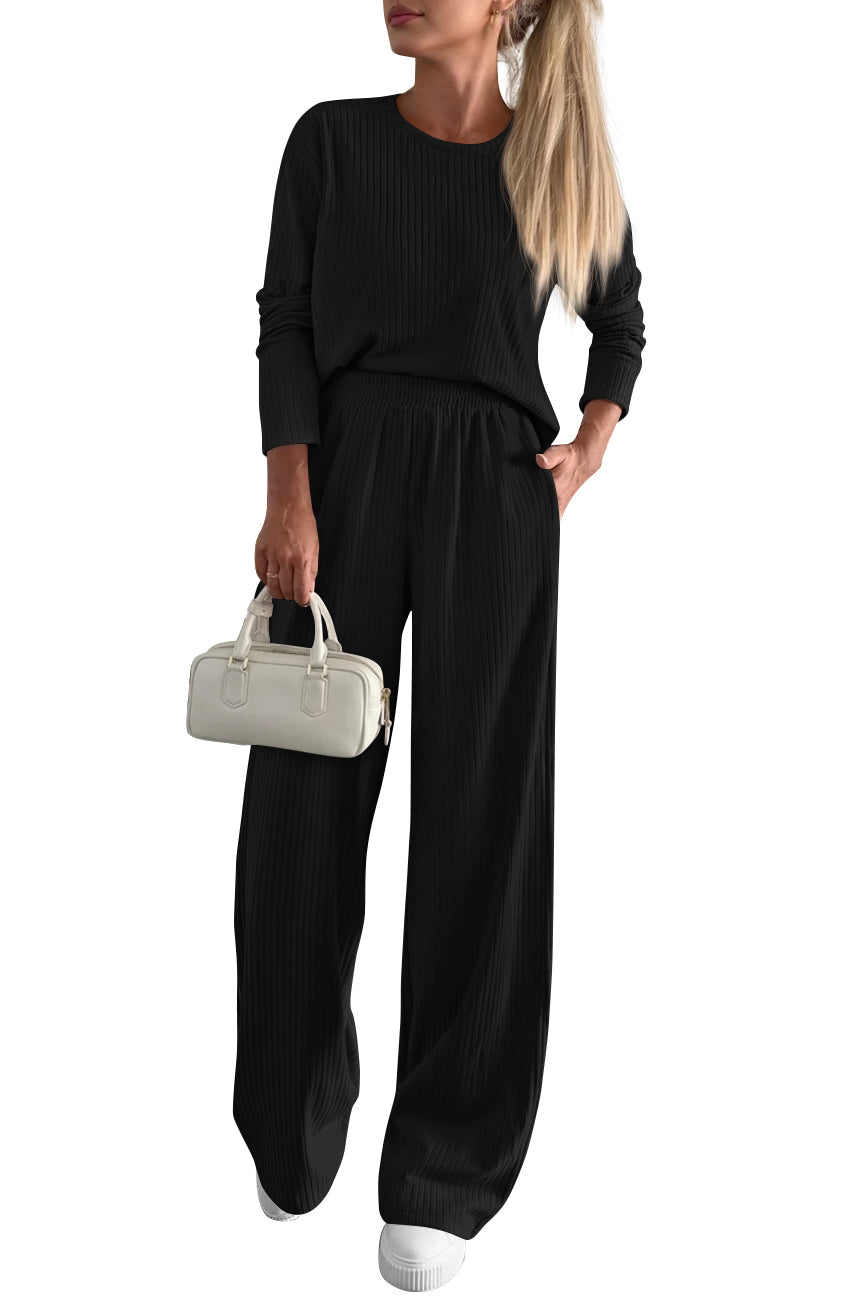 KIRUNDO Fall 2 Piece Lounge Sets for Women Long Sleeve Ribbed Knit Tops Wide Leg Pants Matching Travel Outfits Postpartum