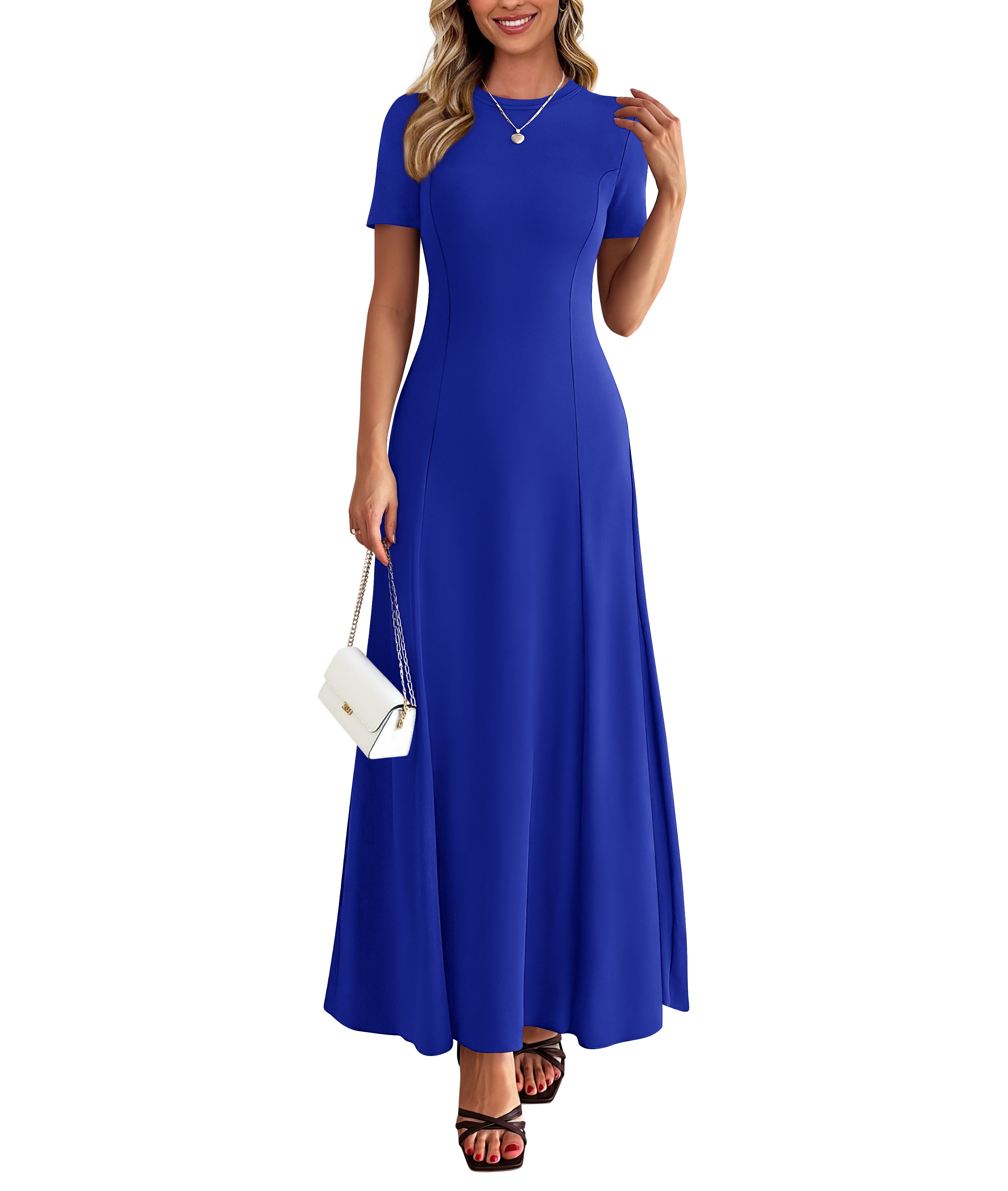 KIRUNDO Maxi Dresses for Women 2026 Short Sleeve Crewneck Pleated Flowy A Line Formal Wedding Guest Dress with Pockets