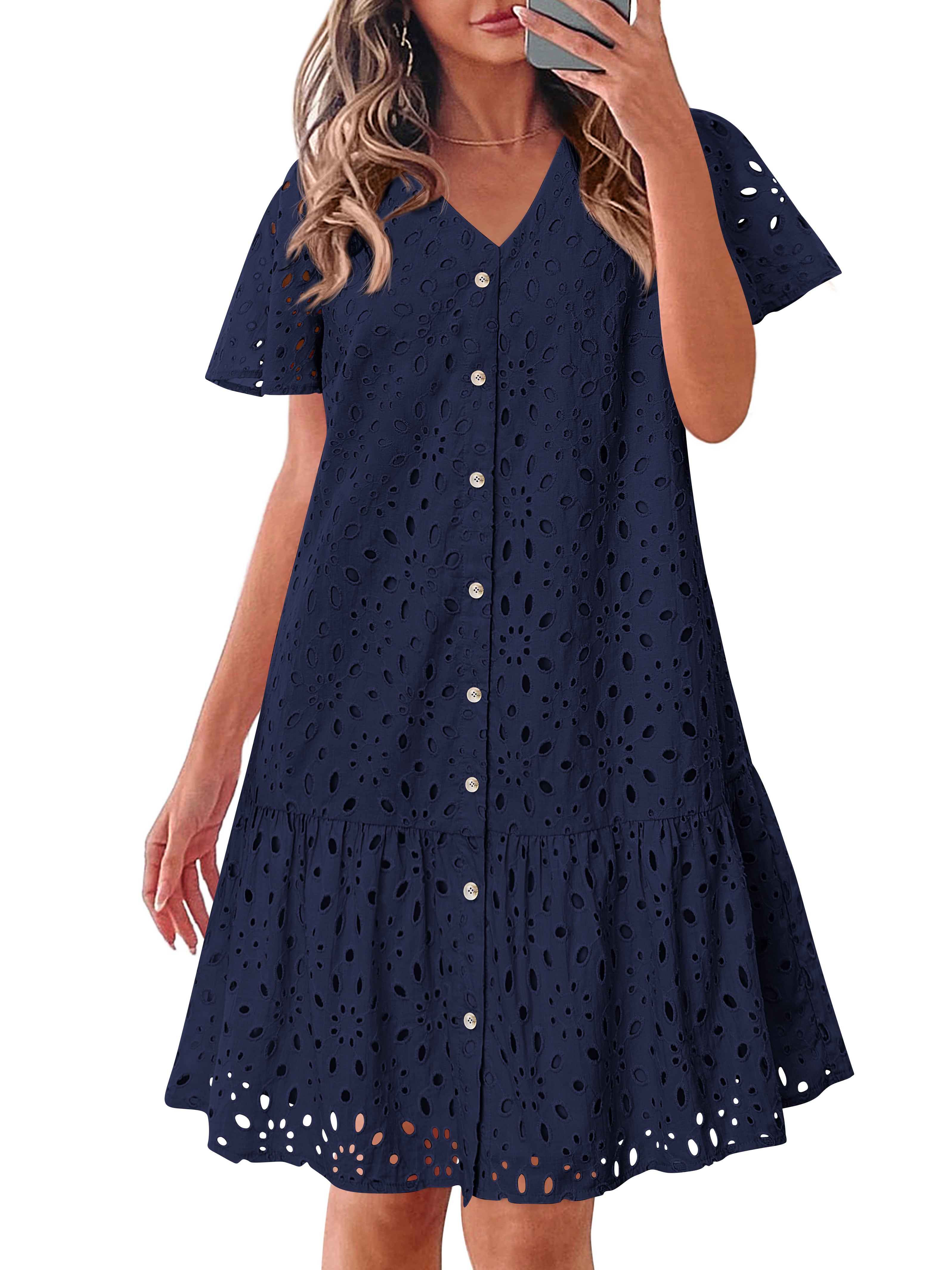 KIRUNDO Eyelet Dresses for Women 2026 Spring Summer Short Sleeve Button Down Loose Mini Babydoll Dress Beach Vacation Clothes