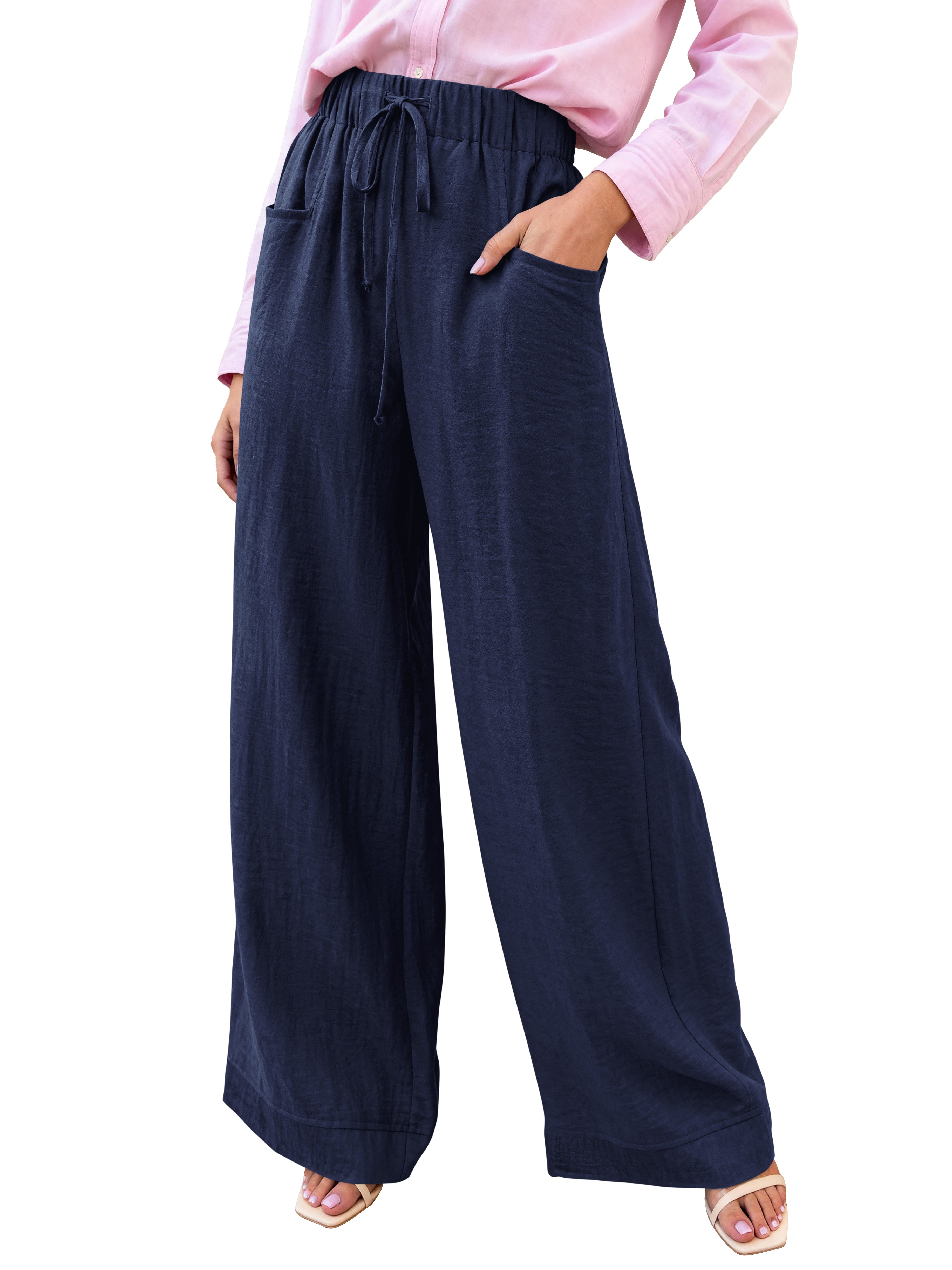 KIRUNDO Wide Leg Palazzo Pants for Women Summer High Waist Flowy Casual Trousers Lounge Pants Beach Vacation Travel Outfits