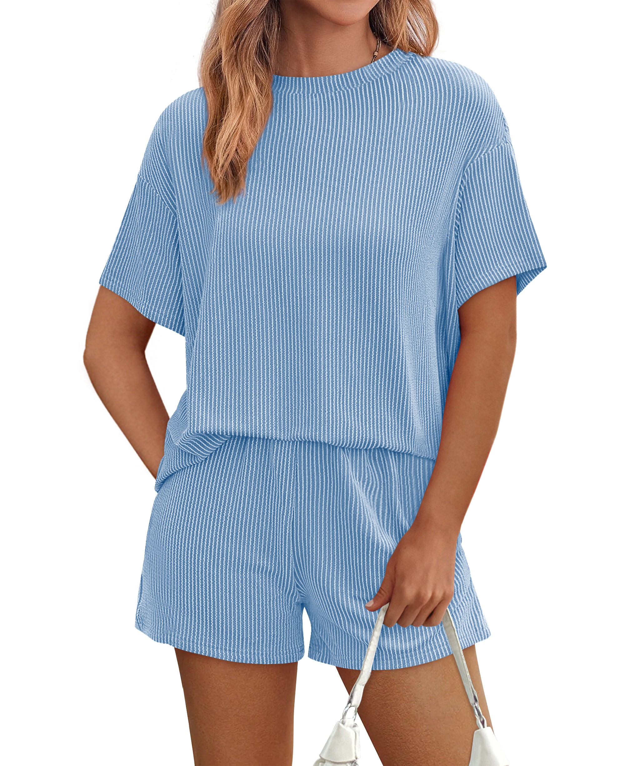 KIRUNDO 2 Piece Sets for Women Summer Lounge Set Casual Ribbed Knit Short Sleeve Tops Shorts Matching Airport Travel Outfits