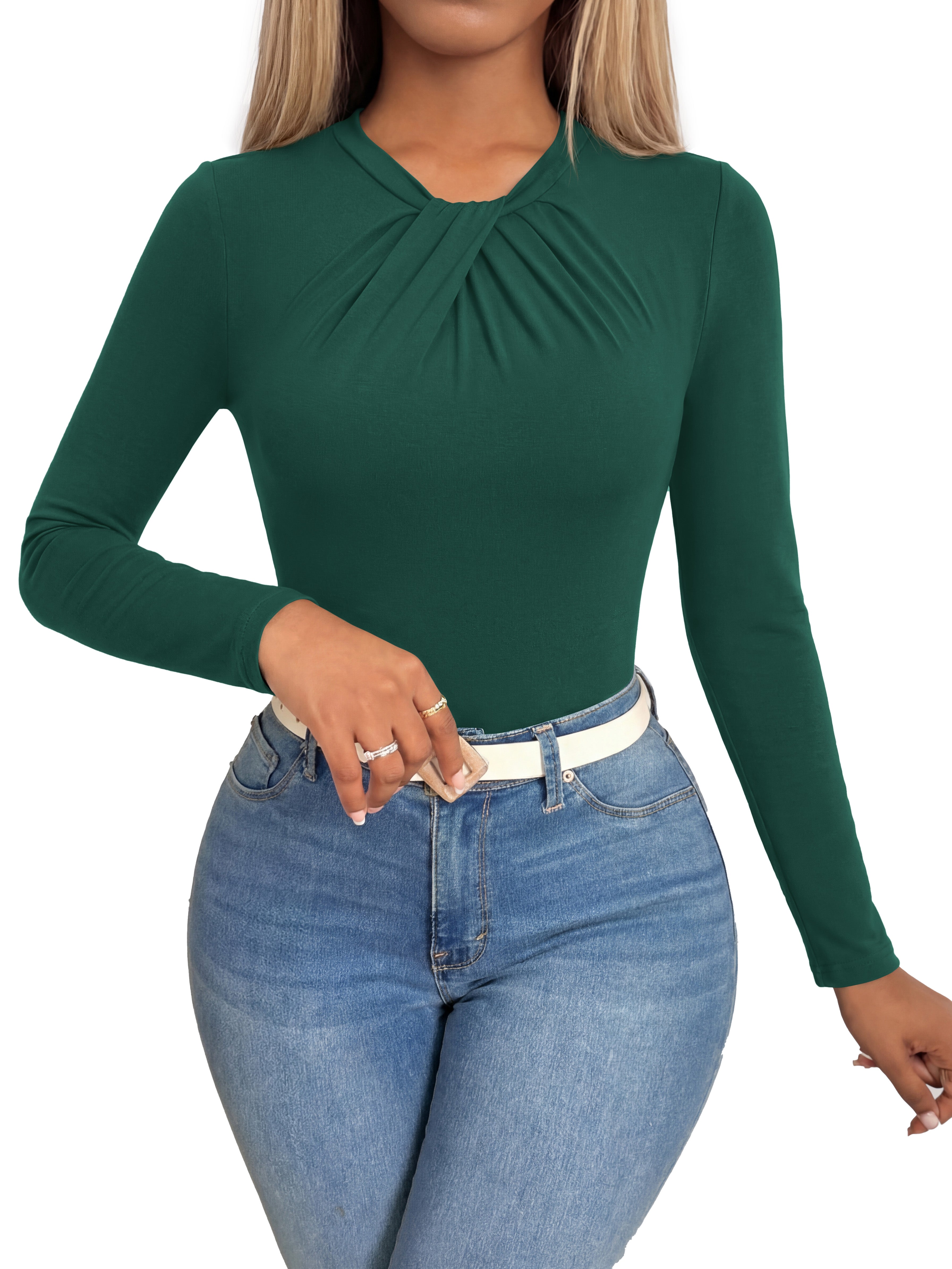 KIRUNDO Long Sleeve Tops for Women Business Casual Outfits Slim Fitted Knit Twist Knot Work Office Shirt Blouse Going Out Top