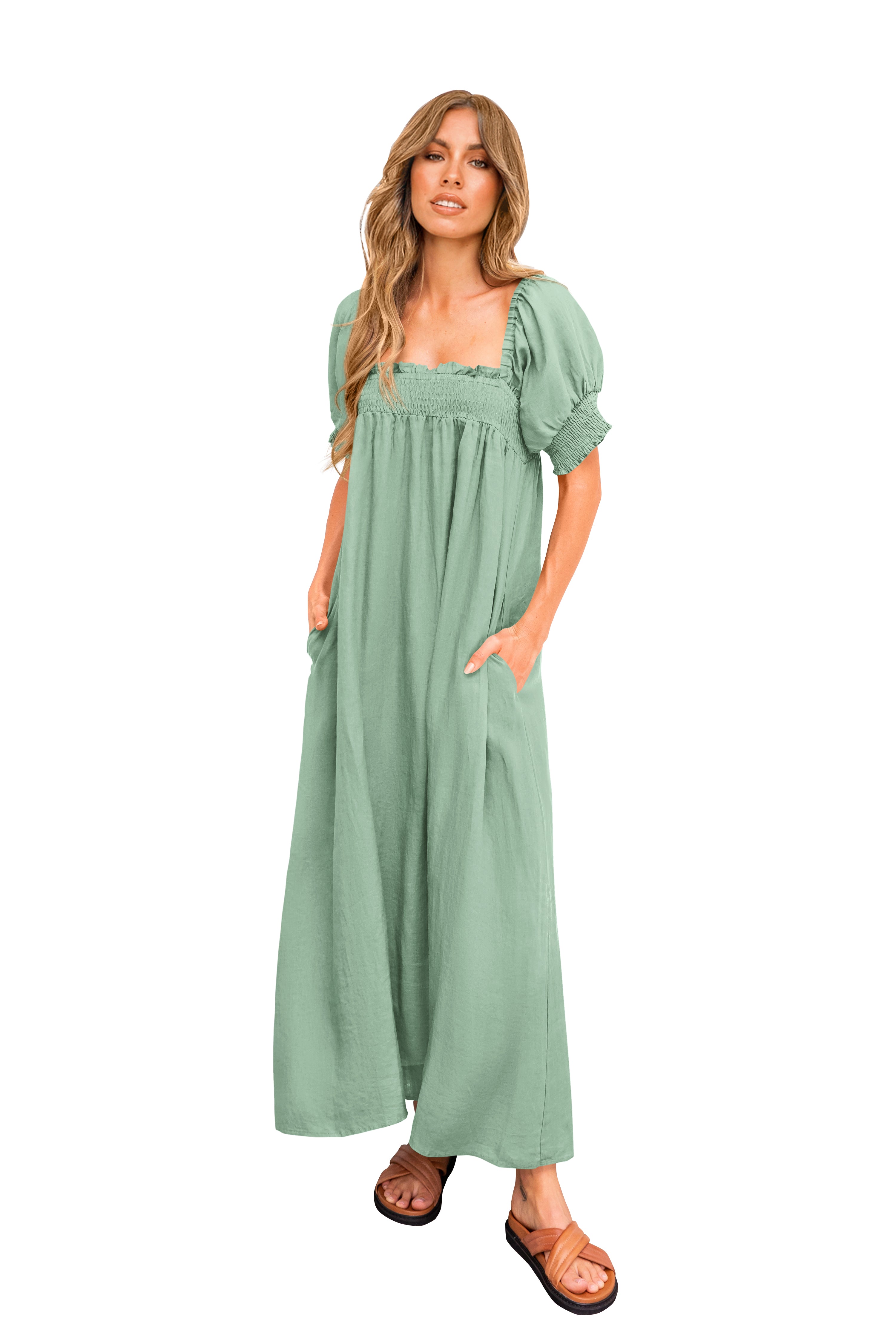 KIRUNDO Women 2026 Summer Maxi Dress Casual Loose Puff Sleeve Square Neck Maternity Flowy Long Beach Dresses with Pockets