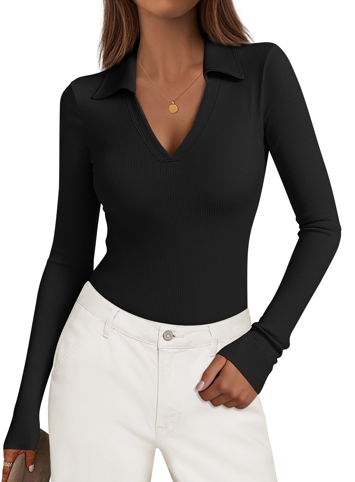 KIRUNDO Polo Shirts for Women Long Sleeve Business Casual Tops 2025 Fall Ribbed Knit Collared V Neck Slim Fit Work Blouses