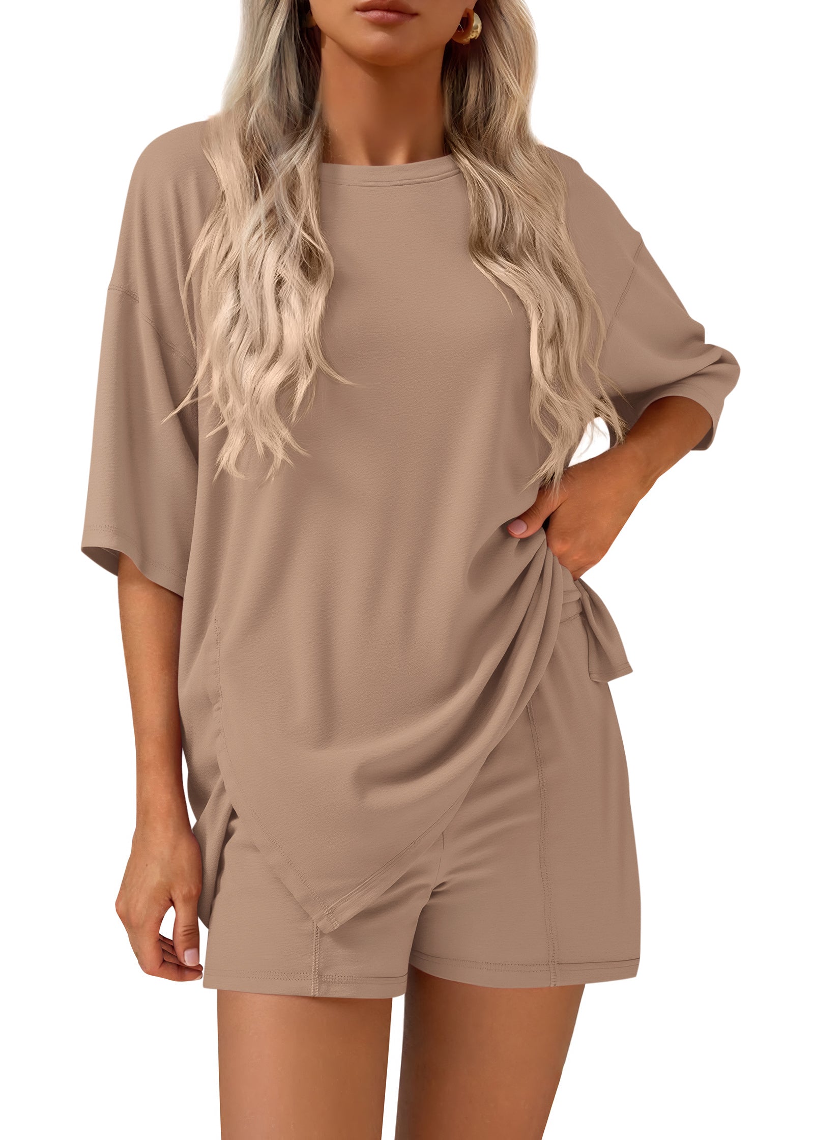 KIRUNDO Lounge Set for Women 2 Piece Outfits Summer Casual Oversized Shirts Shorts Matching Airport Travel Outfits Maternity