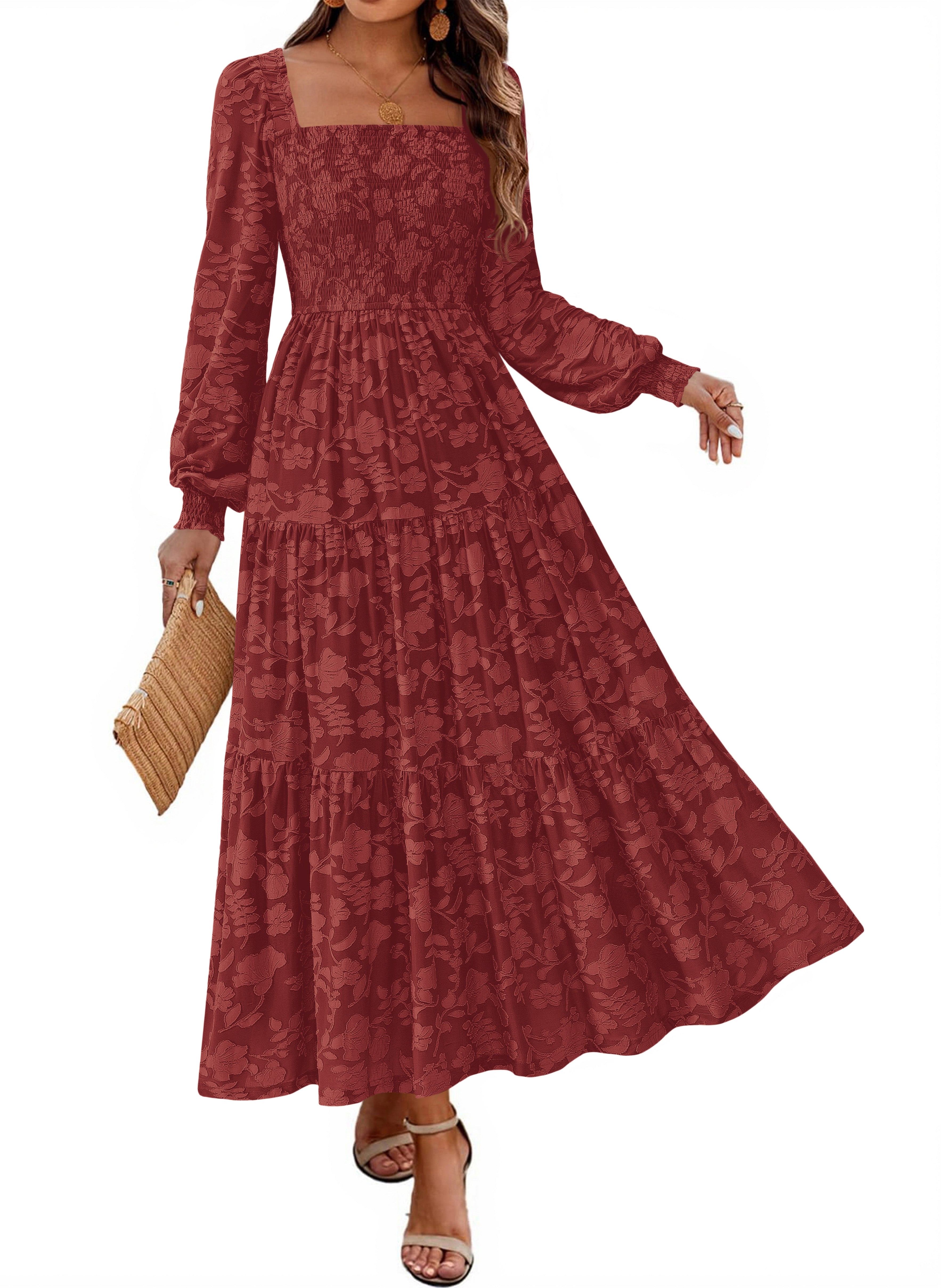 KIRUNDO Wedding Guest Dresses for Women Long Sleeve Smocked Floral Flowy A Line Boho Maxi Dress Fall Clothes