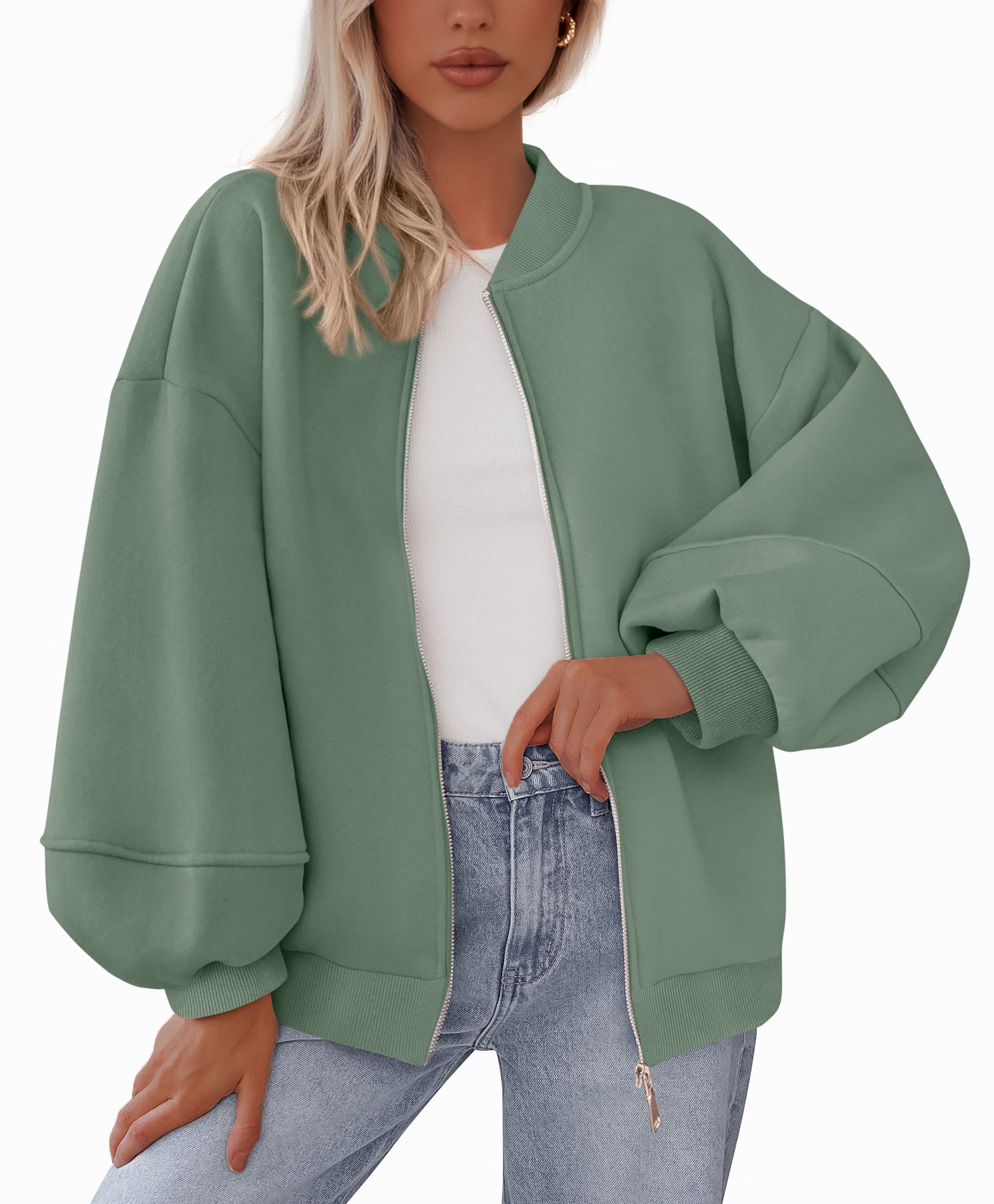 KIRUNDO Oversized Sweatshirt for Women Fall Fashion 2025 Zip Up Bomber Jacket Casual Long Sleeve Outerwear Winter Outfits