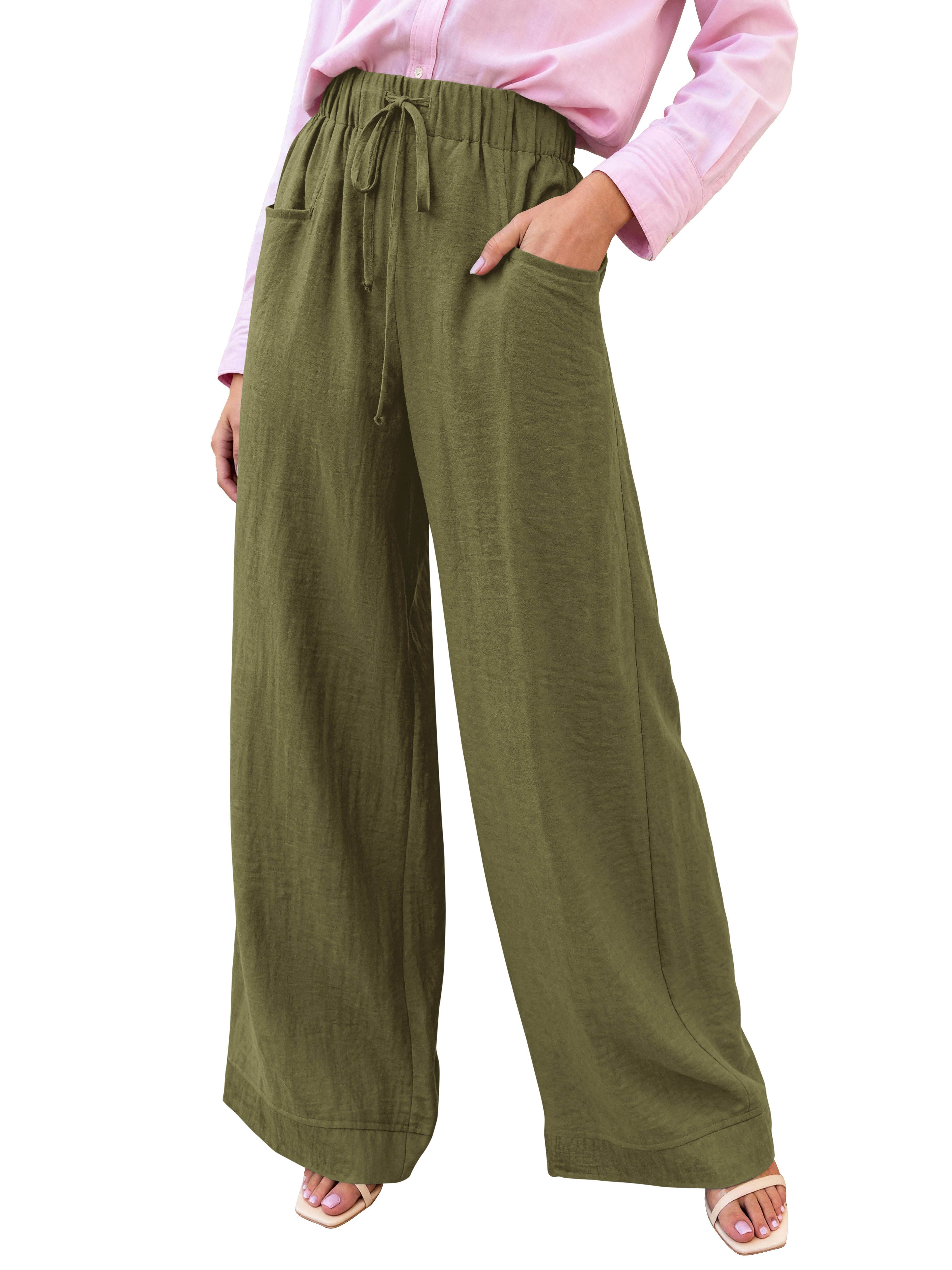 KIRUNDO Wide Leg Palazzo Pants for Women Summer High Waist Flowy Casual Trousers Lounge Pants Beach Vacation Travel Outfits
