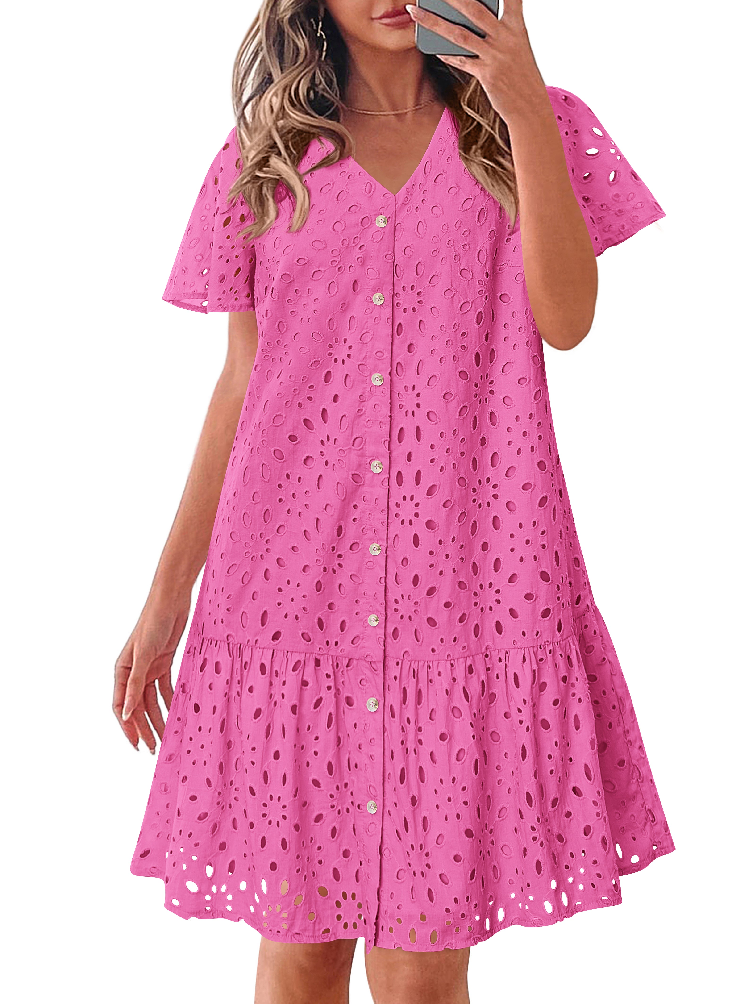 KIRUNDO Eyelet Dresses for Women 2026 Spring Summer Short Sleeve Button Down Loose Mini Babydoll Dress Beach Vacation Clothes