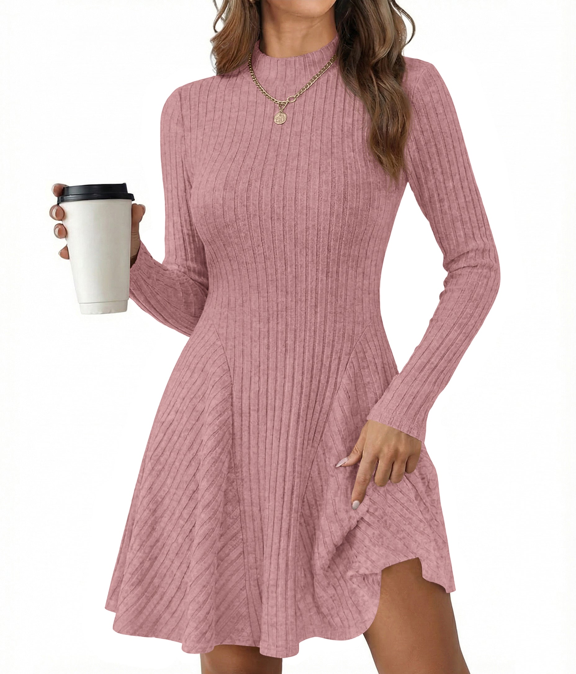 KIRUNDO Women Sweater Dress 2026 Spring Fall Lightweight Long Sleeve Mock Neck A Line Fit and Flare Ribbed Knit Short Dresses