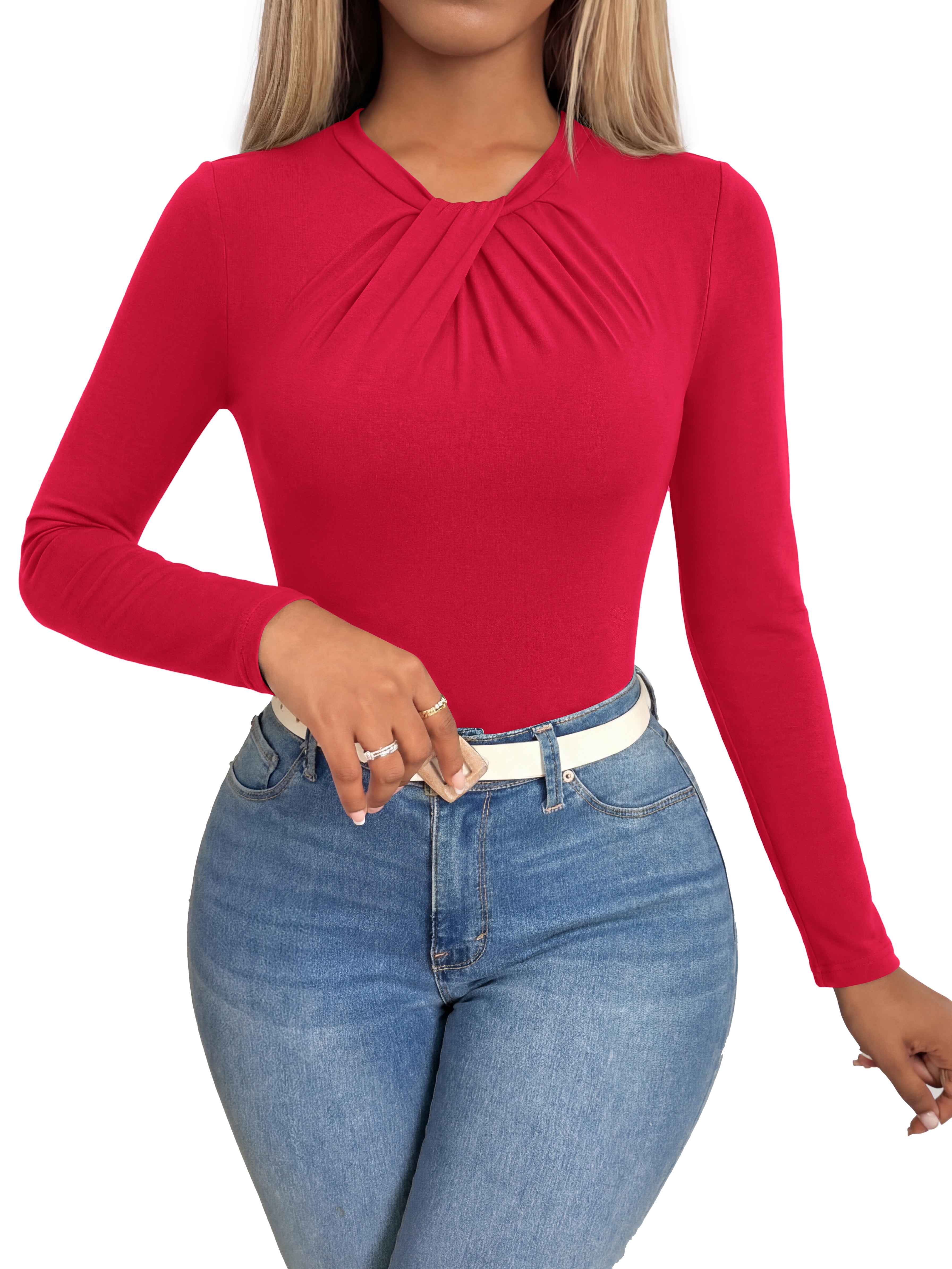 KIRUNDO Long Sleeve Tops for Women Business Casual Outfits Slim Fitted Knit Twist Knot Work Office Shirt Blouse Going Out Top