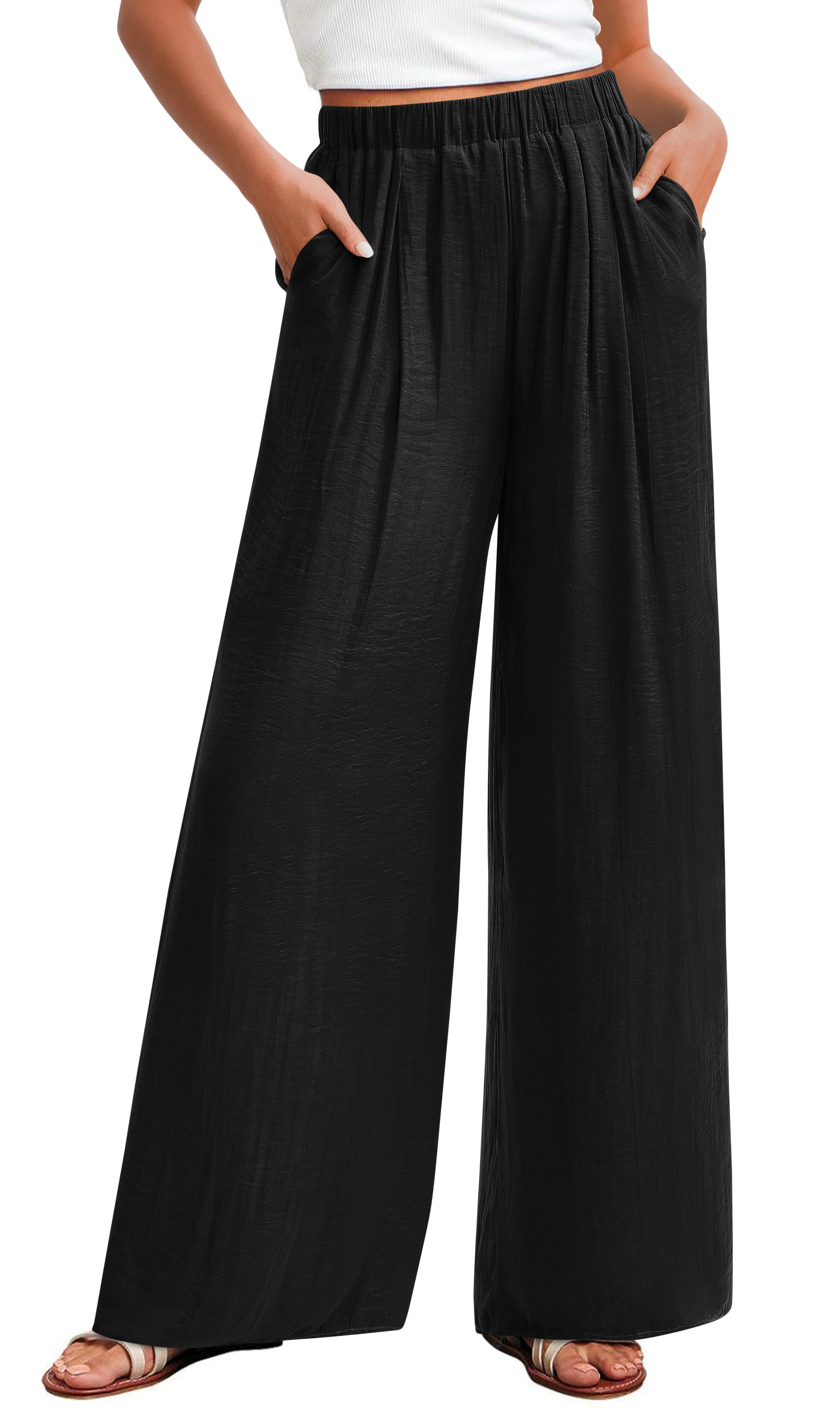 KIRUNDO Wide Leg Pants for Women Summer Flowy Elastic Waist Palazzo Pants Lounge Trousers with Pockets Beach Vacation Outfits