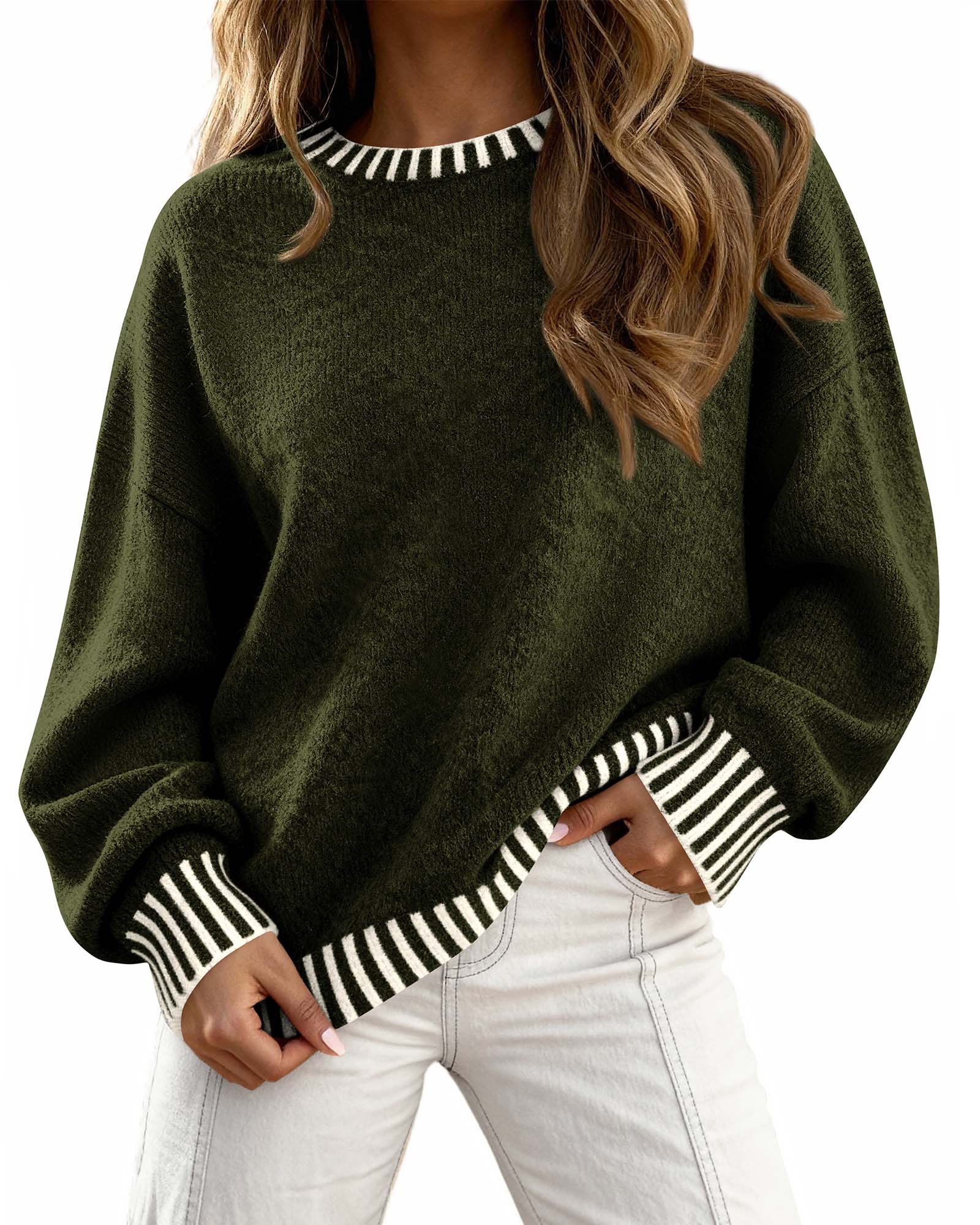 KIRUNDO Oversized Sweaters for Women 2025 Long Sleeve Crewneck Fall Tops Contrast Chunky Knit Pullover Winter Clothes