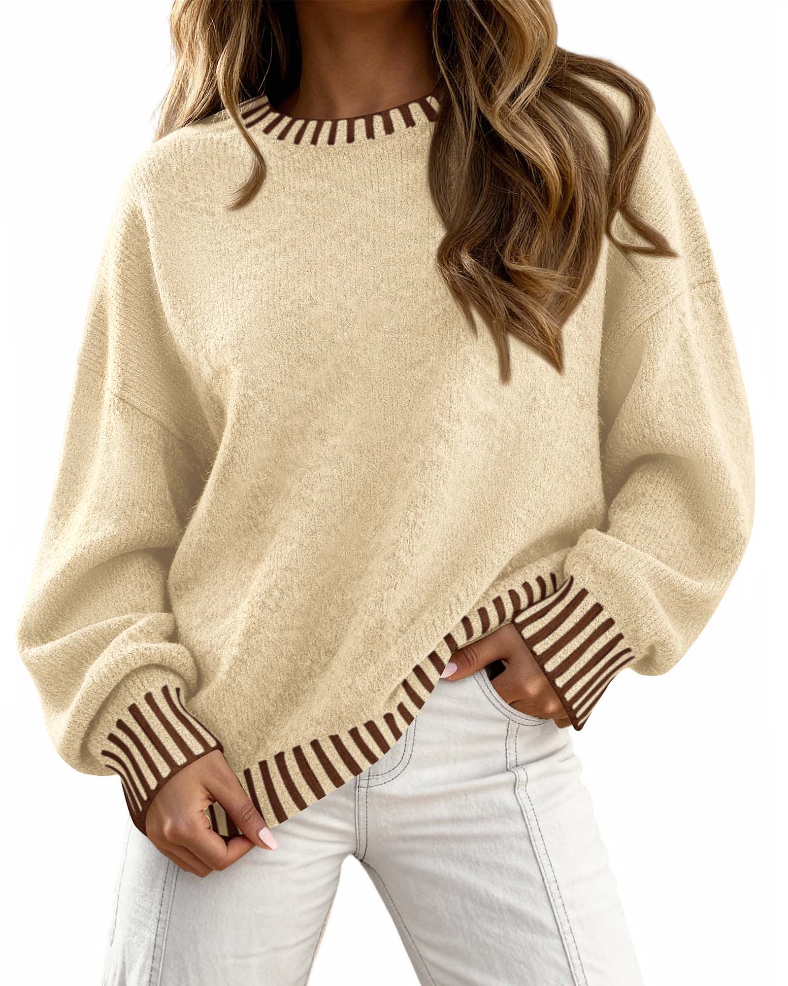 KIRUNDO Oversized Sweaters for Women 2025 Long Sleeve Crewneck Fall Tops Contrast Chunky Knit Pullover Winter Clothes
