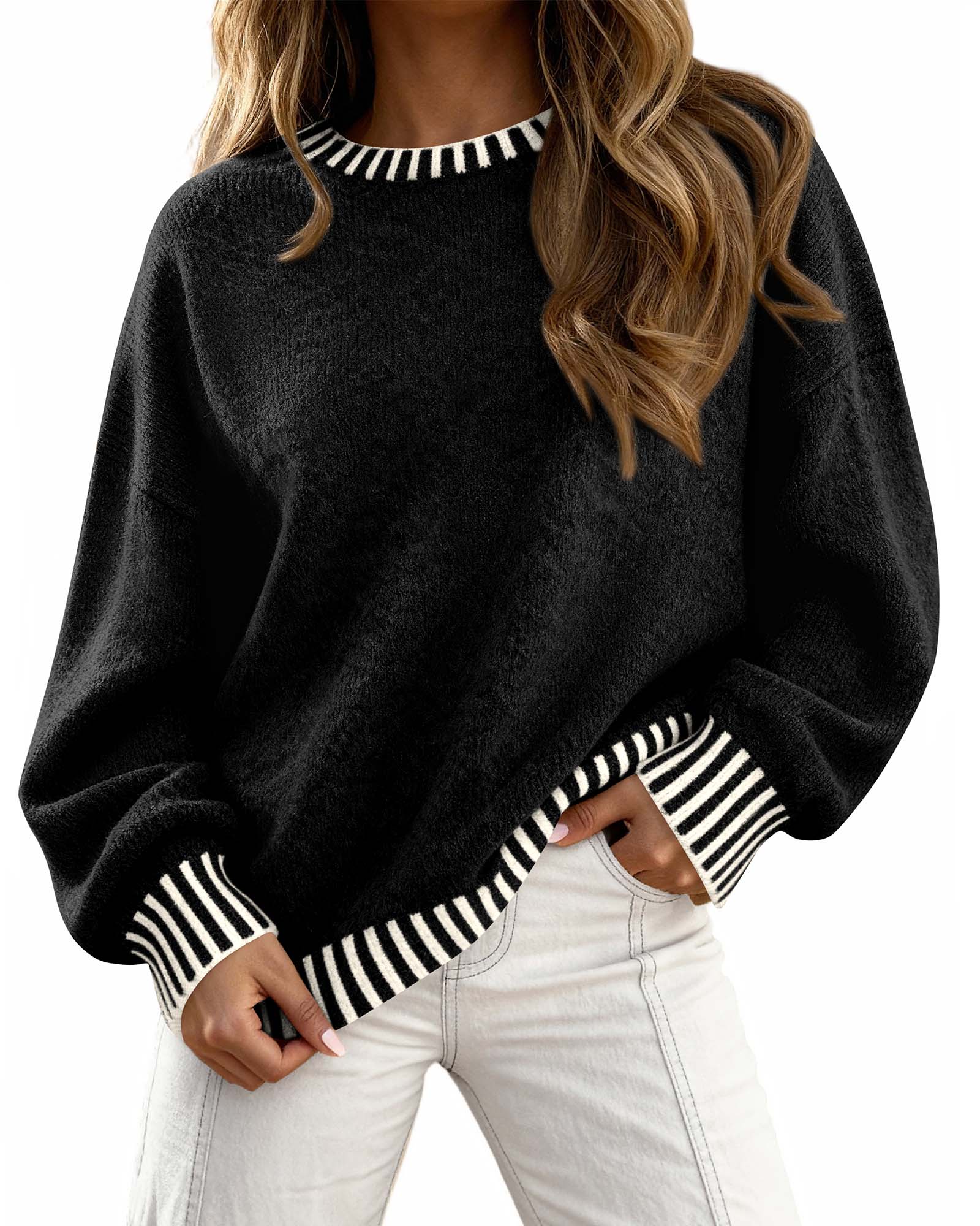 KIRUNDO Oversized Sweaters for Women 2025 Long Sleeve Crewneck Fall Tops Contrast Chunky Knit Pullover Winter Clothes