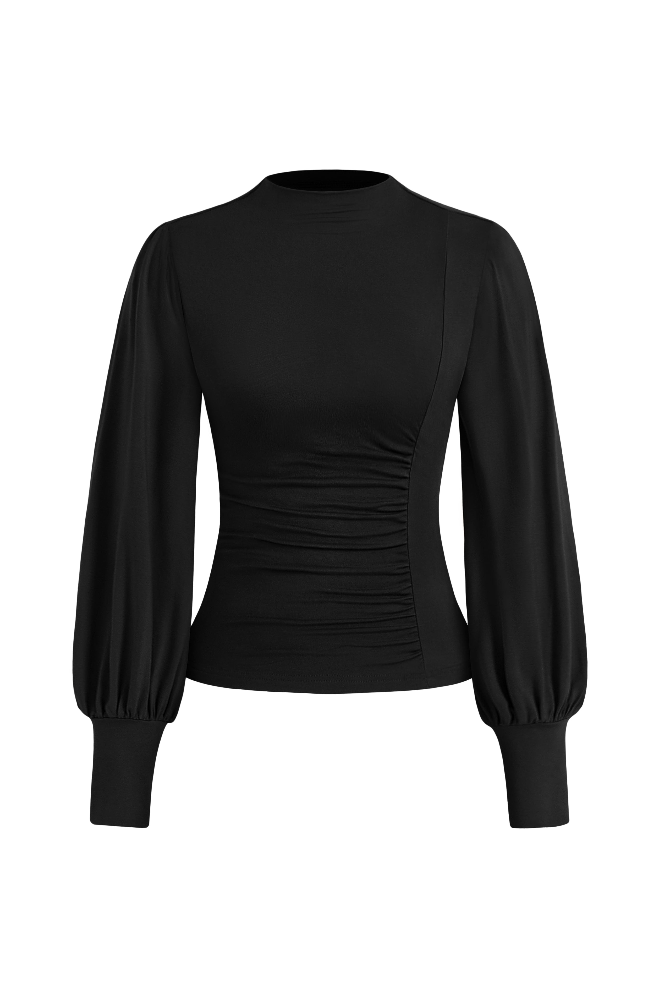 KIRUNDO Blouses for Women Dressy Casual Puff Long Sleeve Shirts Fitted Mock Neck Ruched Trendy Tops 2025 Early Fall Fashion