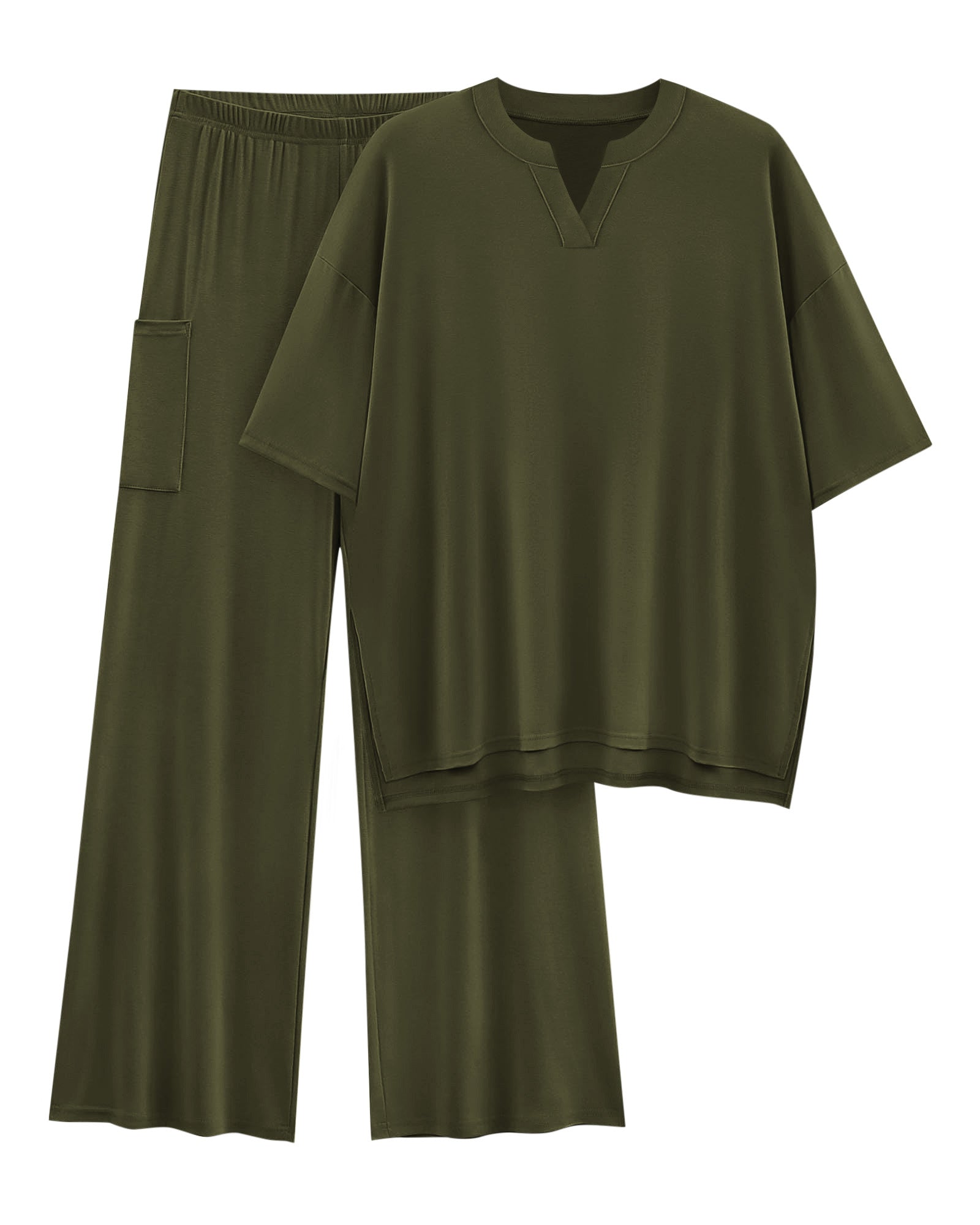 KIRUNDO Womens 2 Piece Matching Lounge Set Airport Travel Vacation Summer Outfits Oversized Short Sleeve Tops Wide Leg Pants