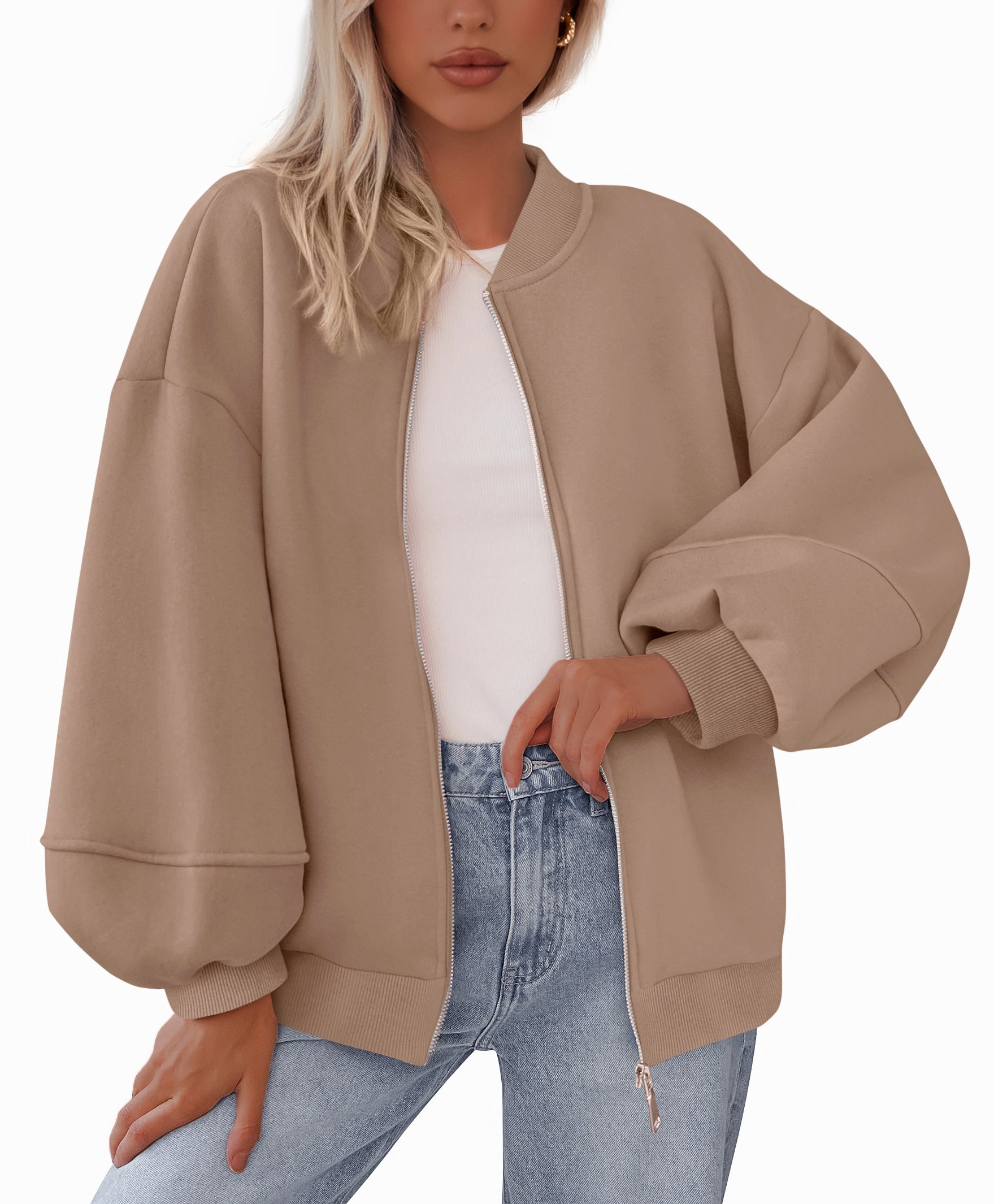 KIRUNDO Oversized Sweatshirt for Women Fall Fashion 2025 Zip Up Bomber Jacket Casual Long Sleeve Outerwear Winter Outfits