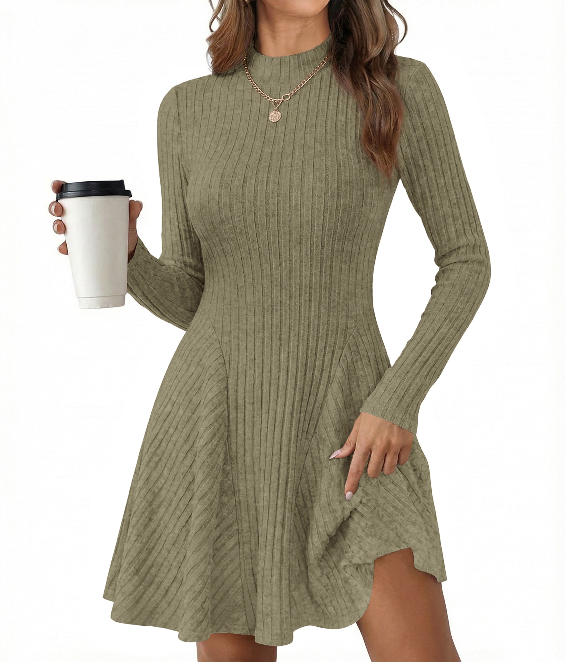 KIRUNDO Women Sweater Dress 2026 Spring Fall Lightweight Long Sleeve Mock Neck A Line Fit and Flare Ribbed Knit Short Dresses