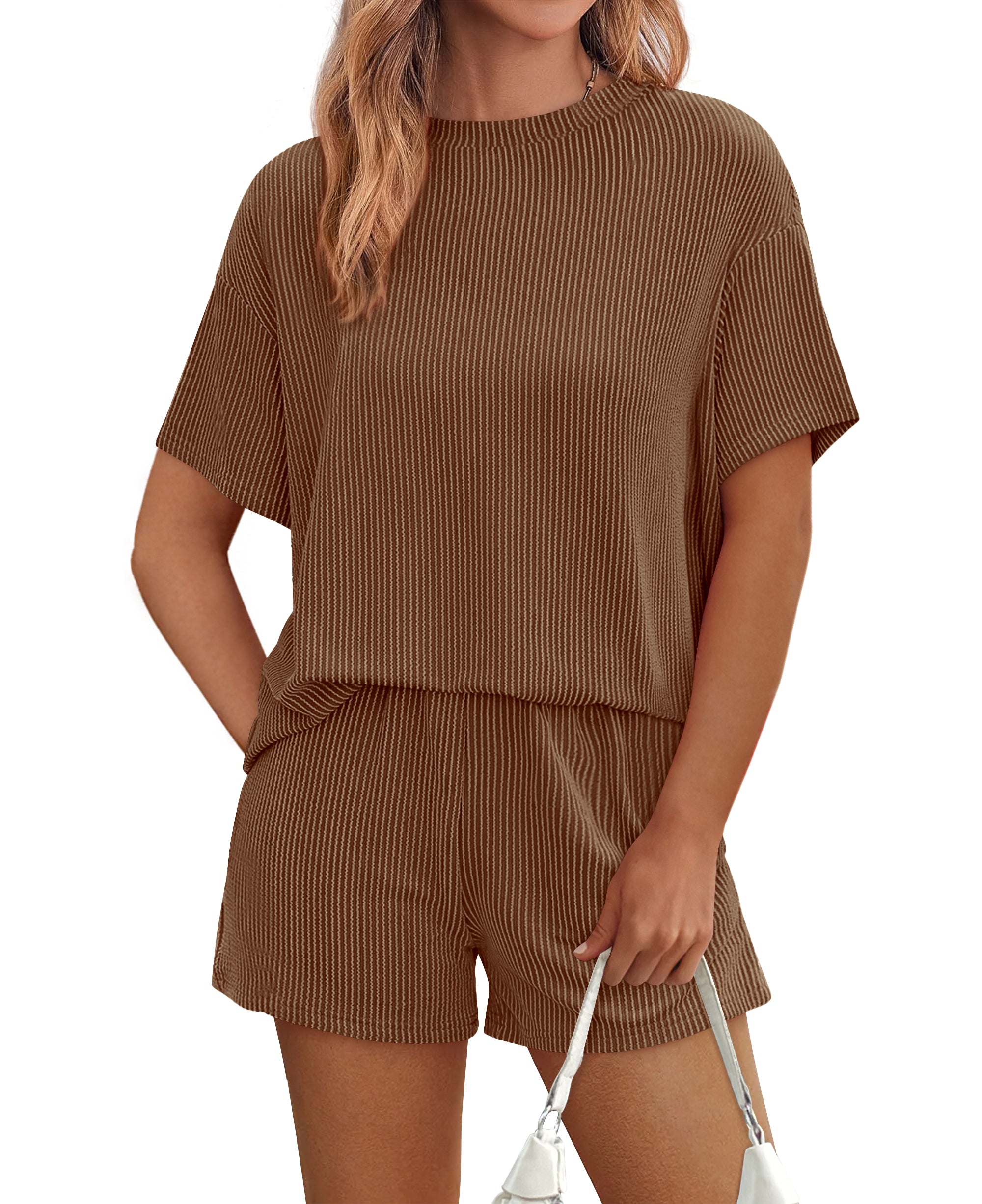 KIRUNDO 2 Piece Sets for Women Summer Lounge Set Casual Ribbed Knit Short Sleeve Tops Shorts Matching Airport Travel Outfits
