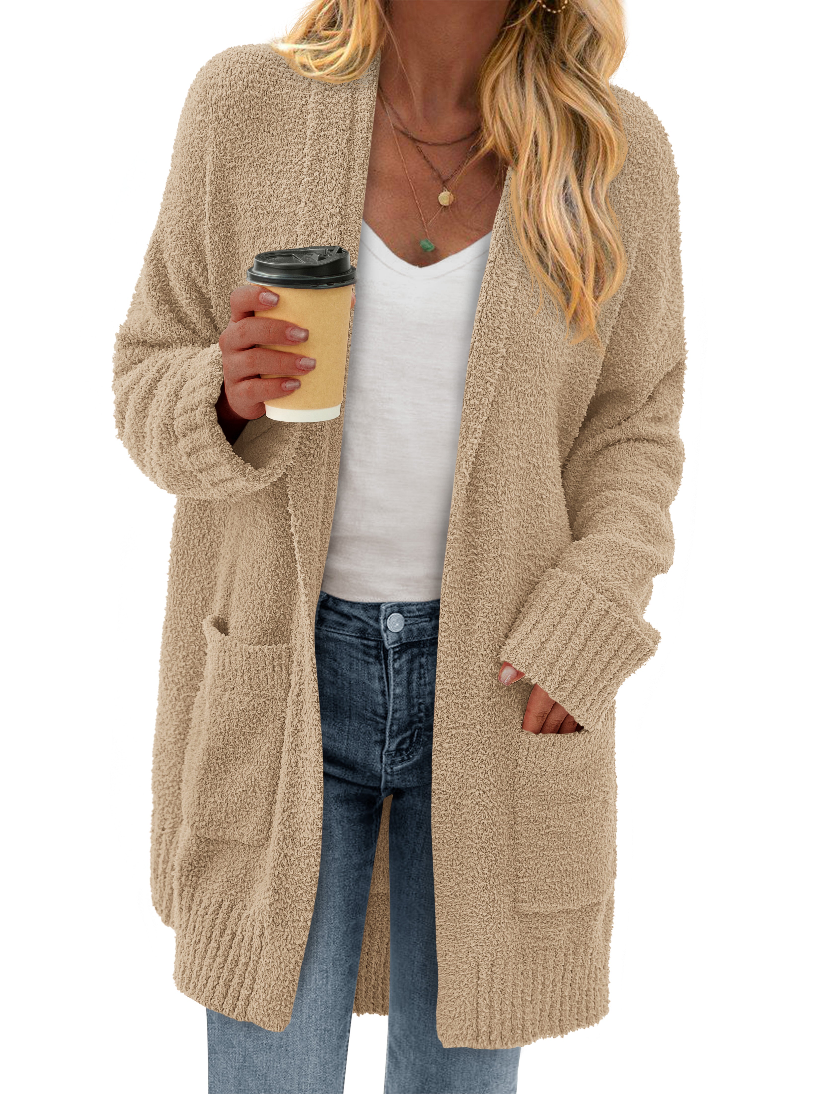 KIRUNDO Cardigan Sweaters for Women 2025 Fall Chunky Fuzzy Knit Open Front Loose Long Sleeve Sweater Coats Winter Clothing
