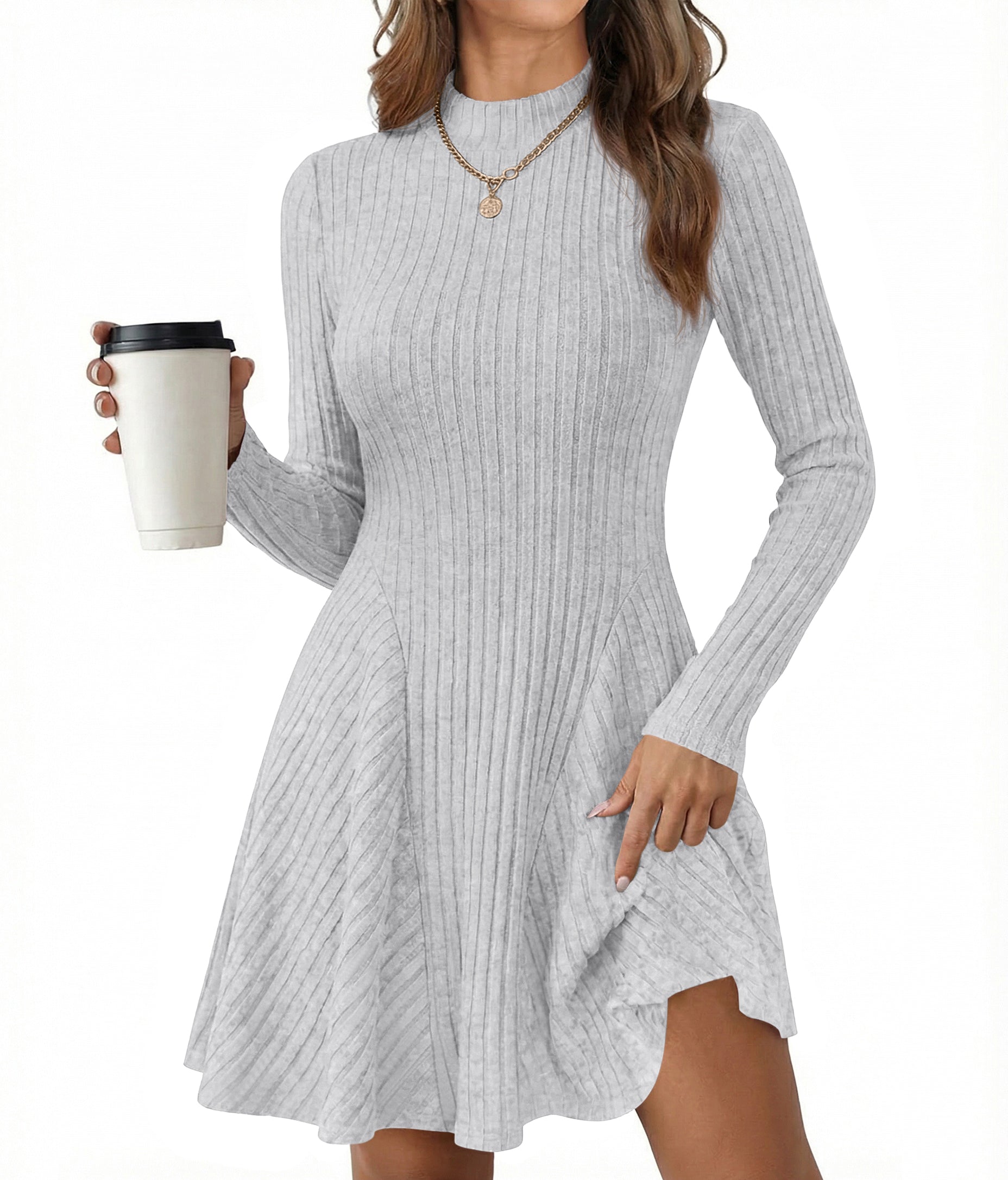 KIRUNDO Women Sweater Dress 2026 Spring Fall Lightweight Long Sleeve Mock Neck A Line Fit and Flare Ribbed Knit Short Dresses