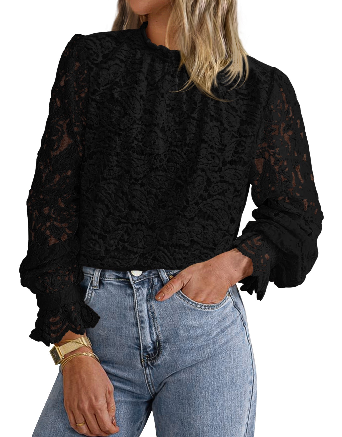 KIRUNDO Blouses for Women Dressy Casual Lace Long Sleeve Tops Mock Neck Ruffle Hem Shirts Fall Fashion Clothes