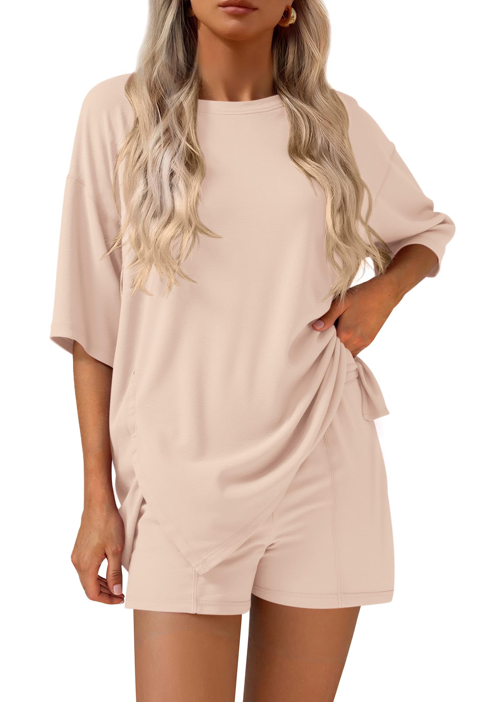 KIRUNDO Lounge Set for Women 2 Piece Outfits Summer Casual Oversized Shirts Shorts Matching Airport Travel Outfits Maternity