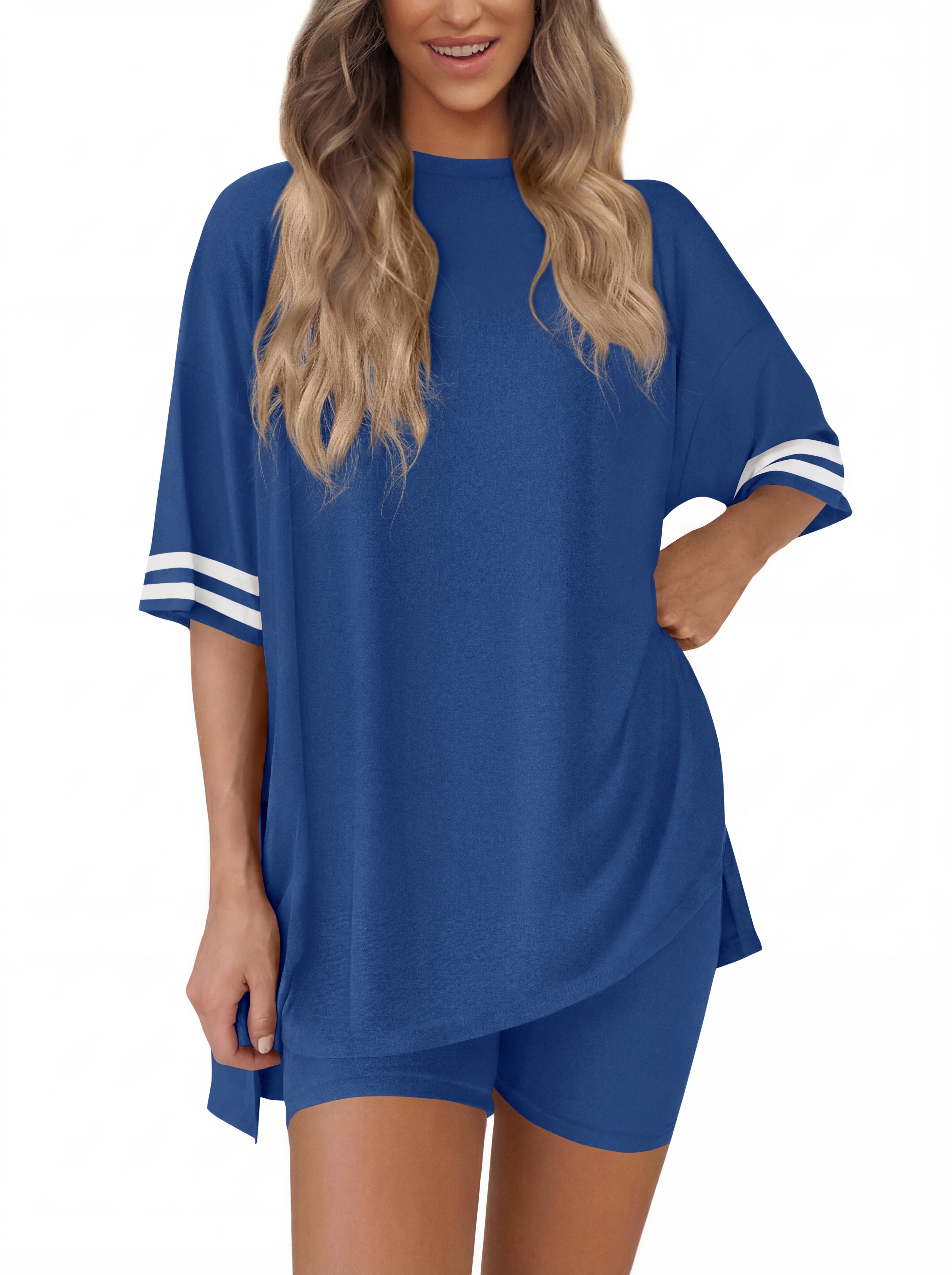 KIRUNDO Women's 2 Piece Lounge Set Airport Travel Outfit 2026 Summer Oversized Shirts Matching Biker Shorts Fashion Clothing