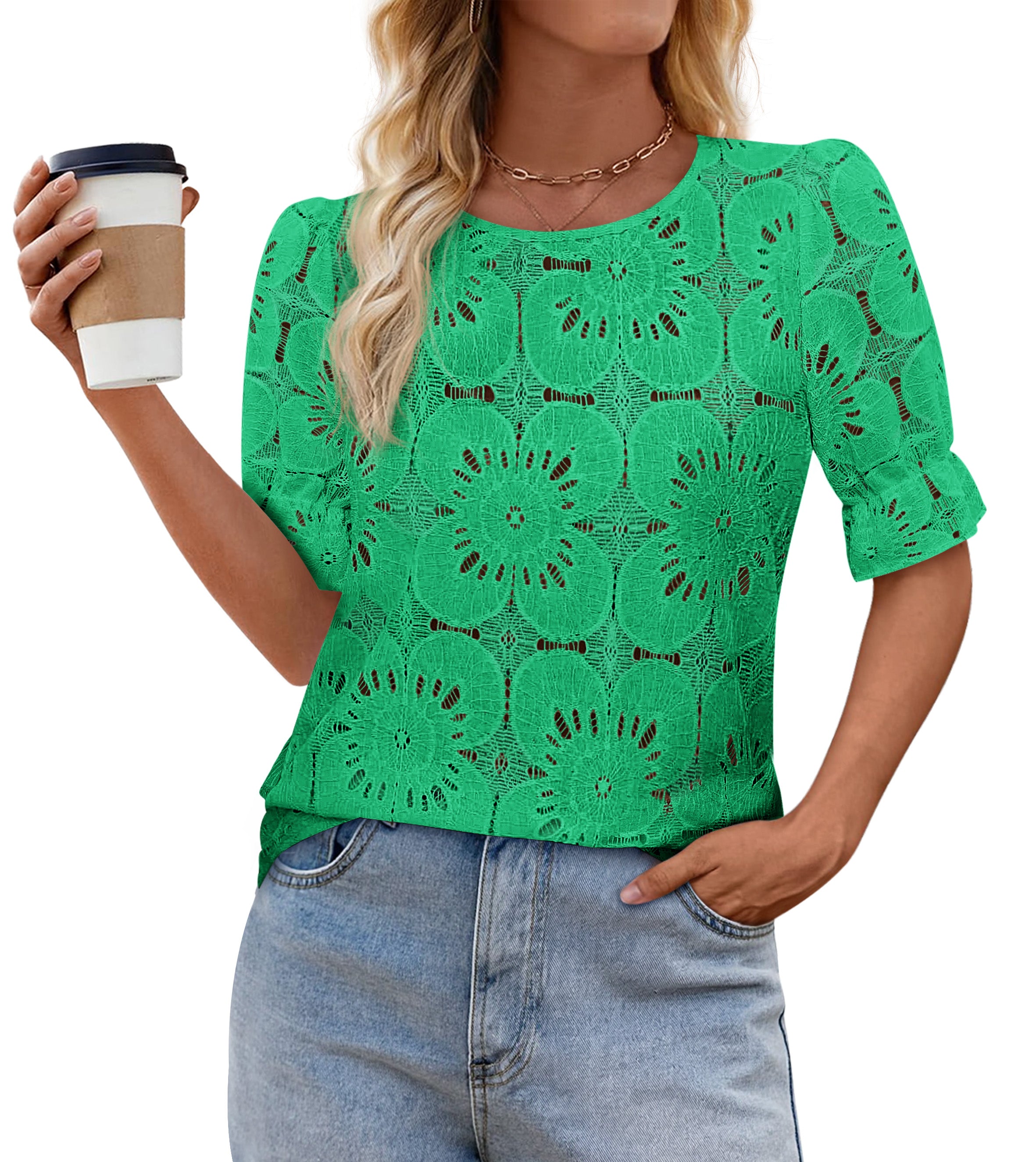 KIRUNDO Eyelet Summer Tops for Women Lace Crochet Boho Puff Short Sleeve Blouses Dressy Casual Hollow Out Embroidered Shirts