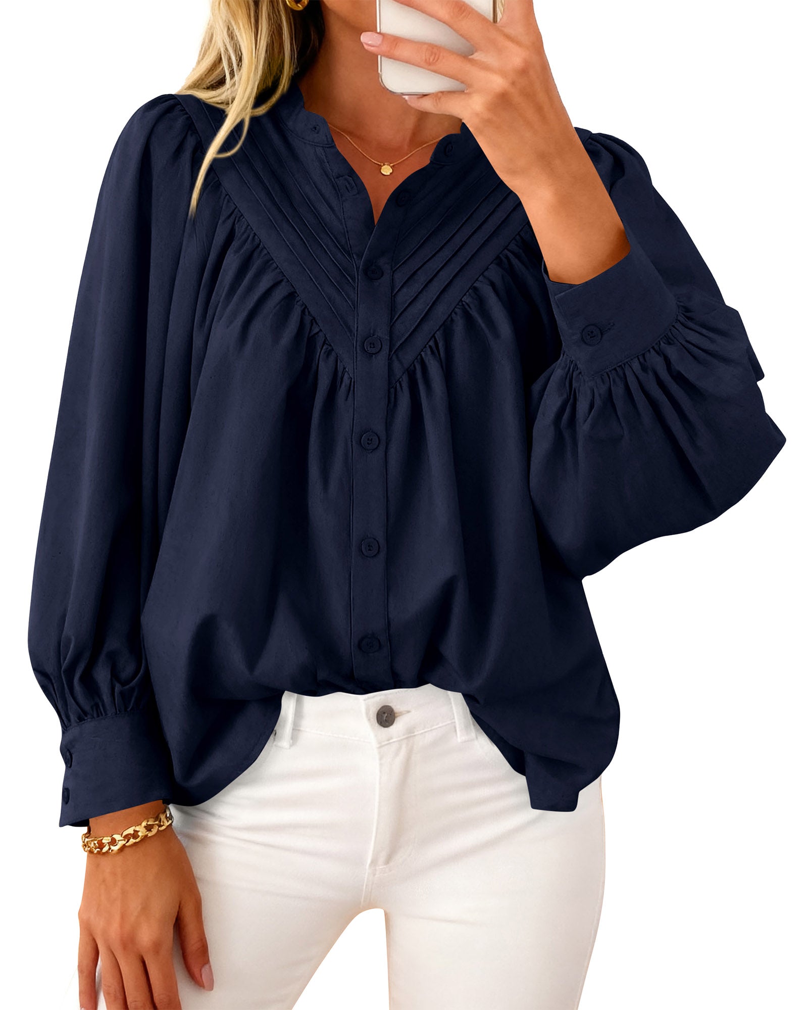 KIRUNDO Blouses for Women Dressy Casual Fashion Clothing Long Sleeve Shirts Loose Fit Button Down Pleated Boho Going Out Tops