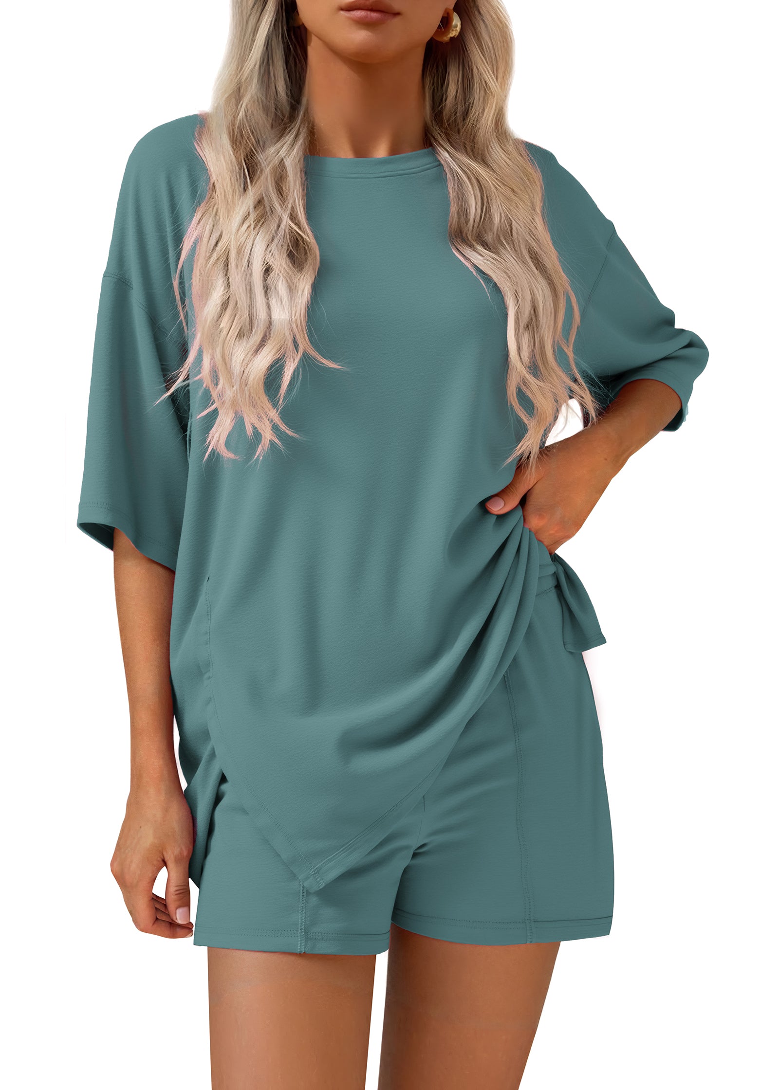 KIRUNDO Lounge Set for Women 2 Piece Outfits Summer Casual Oversized Shirts Shorts Matching Airport Travel Outfits Maternity