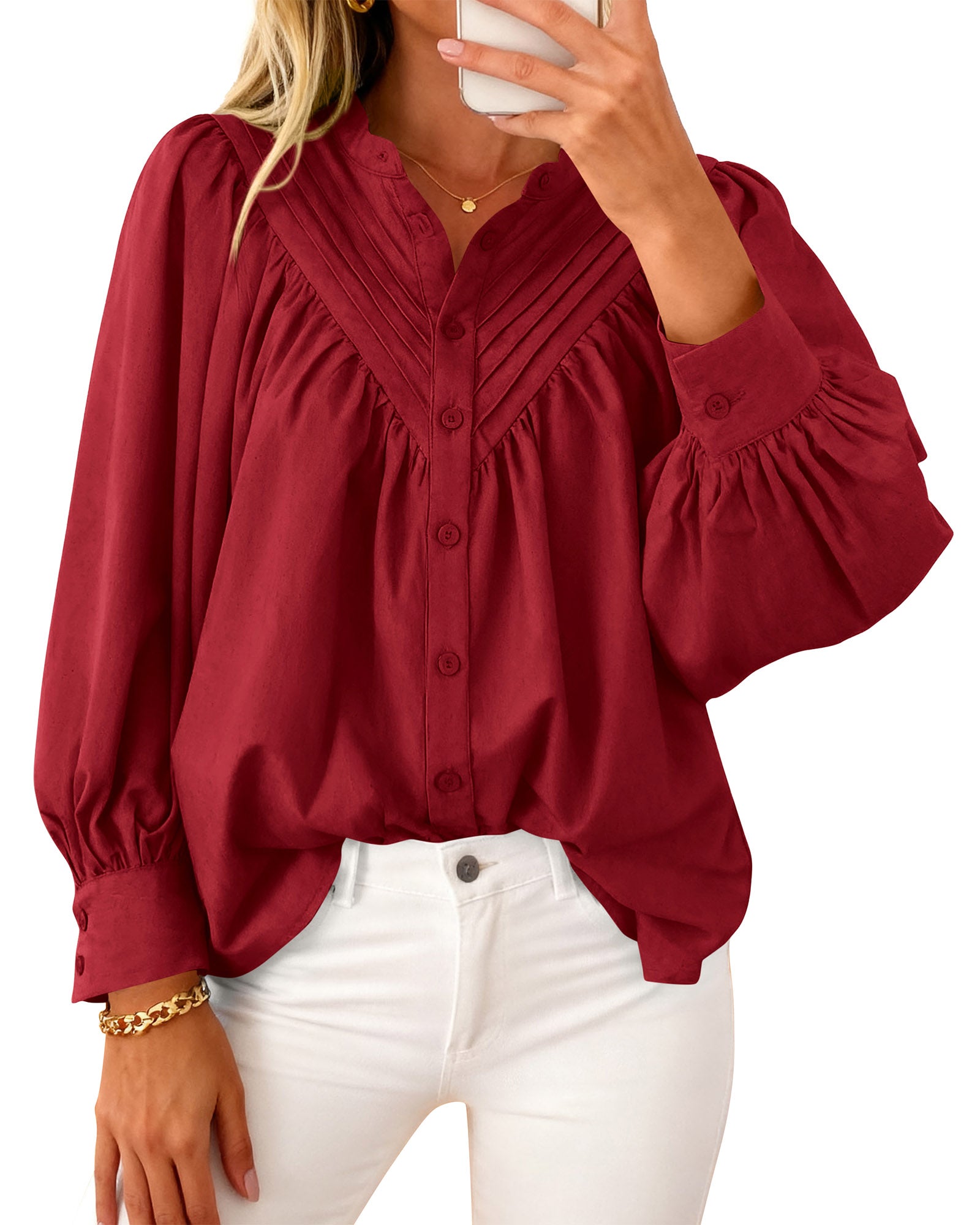 KIRUNDO Blouses for Women Dressy Casual Fashion Clothing Long Sleeve Shirts Loose Fit Button Down Pleated Boho Going Out Tops