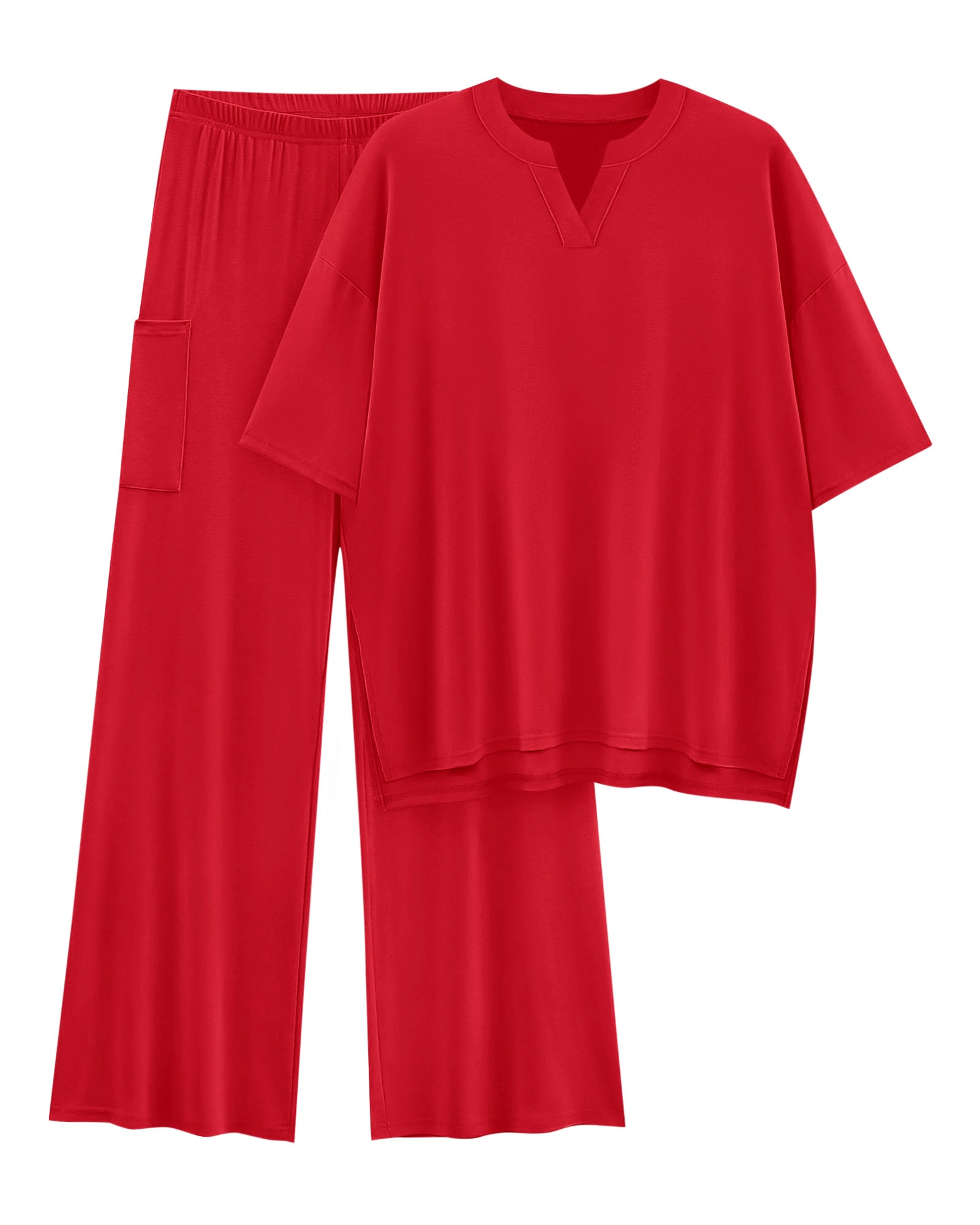 KIRUNDO Womens 2 Piece Matching Lounge Set Airport Travel Vacation Summer Outfits Oversized Short Sleeve Tops Wide Leg Pants