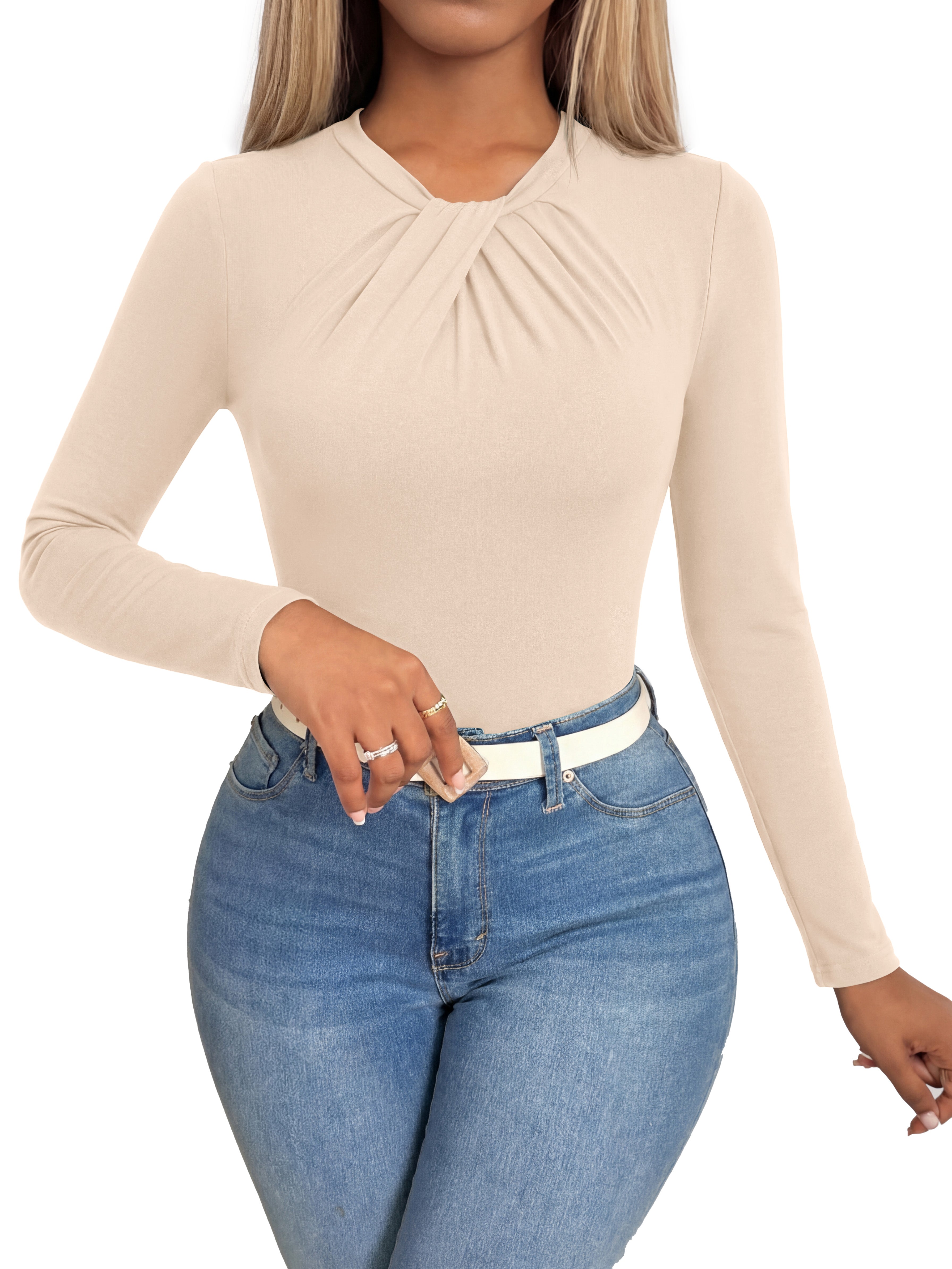 KIRUNDO Long Sleeve Tops for Women Business Casual Outfits Slim Fitted Knit Twist Knot Work Office Shirt Blouse Going Out Top