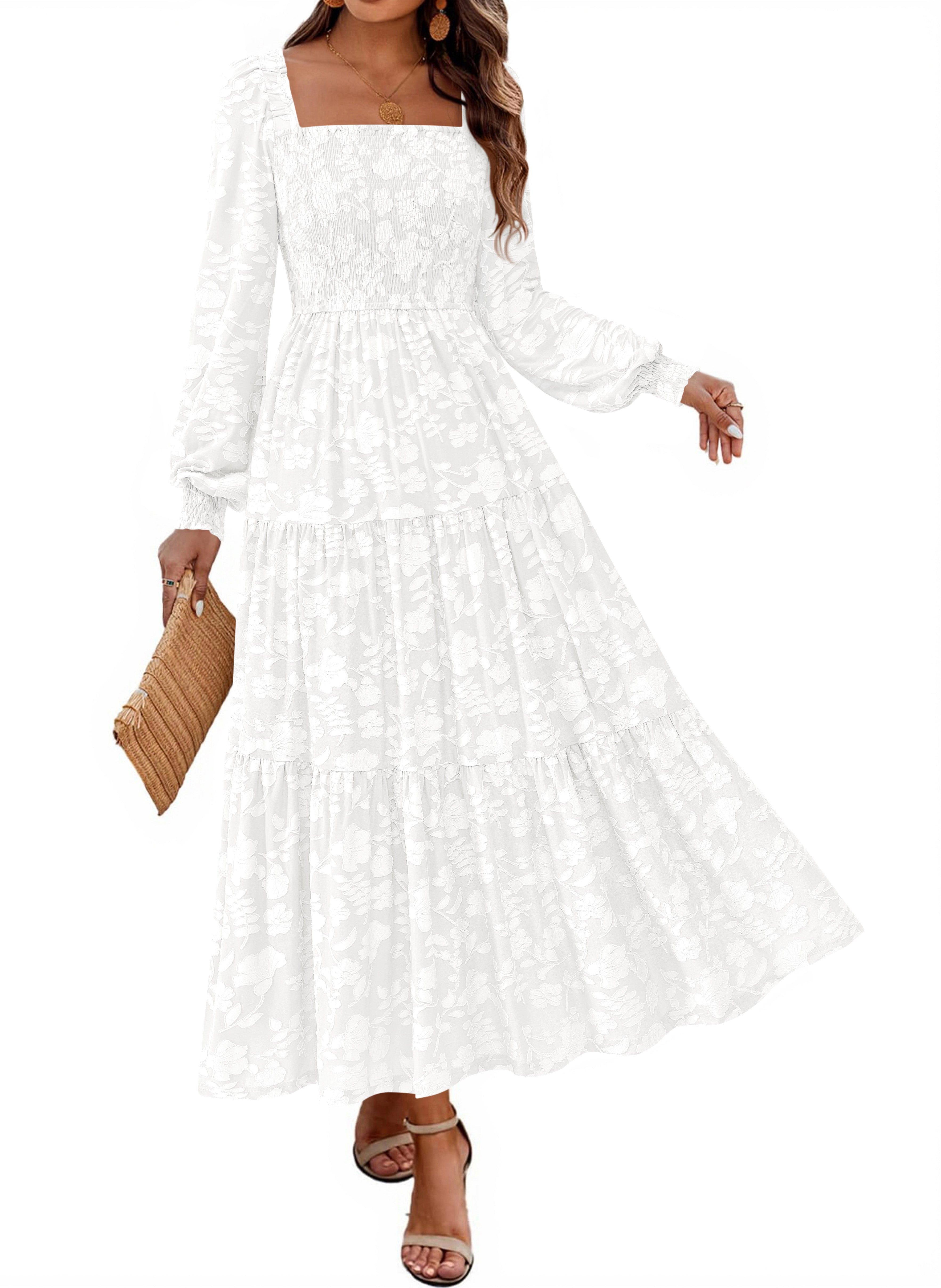 KIRUNDO Wedding Guest Dresses for Women Long Sleeve Smocked Floral Flowy A Line Boho Maxi Dress Fall Clothes